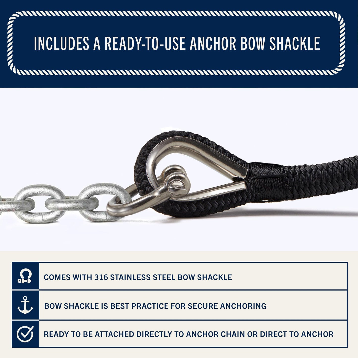 RainierSupplyCo Boat Anchor Rope - Double Braided Marine Rope Anchor Line - 150 ft x 3/8 Inch Nylon Boating Line with 316 Stainless Steel Thimble and Heavy Duty Marine Grade Bow Shackle - Black