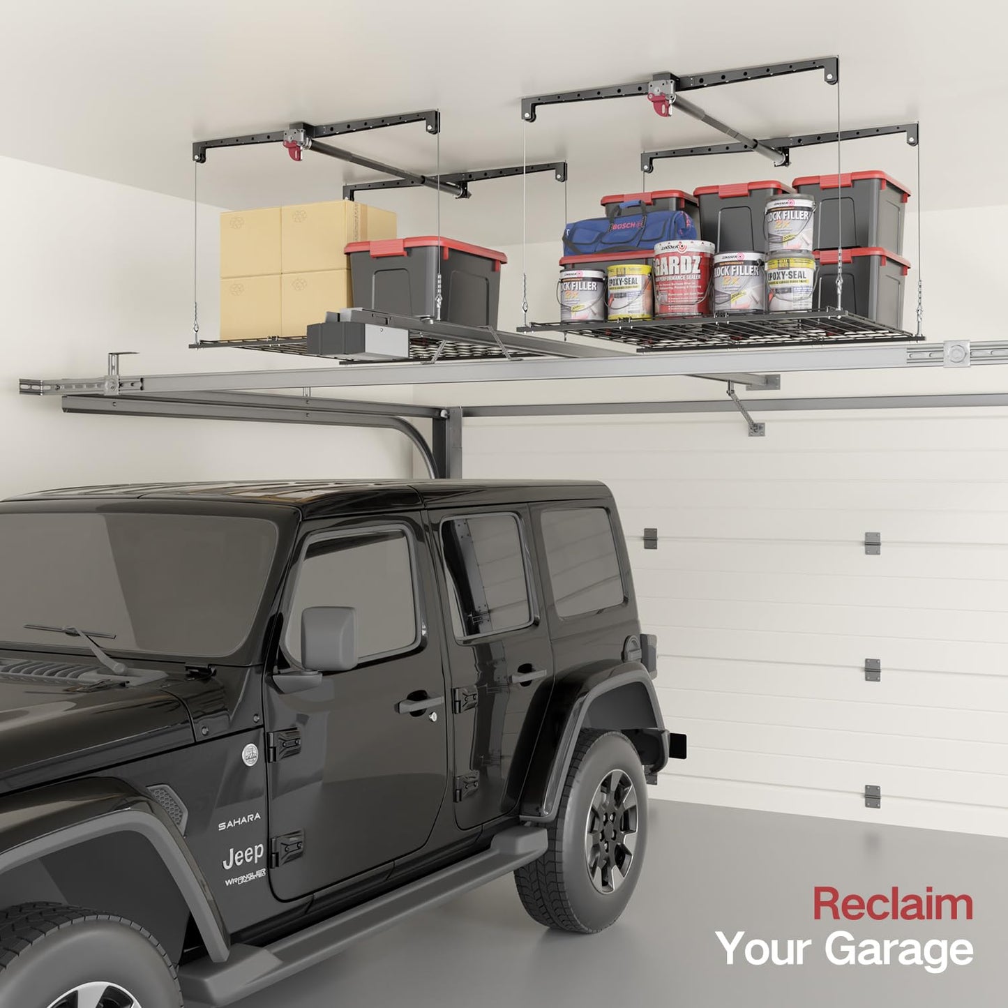 KOKORACKER Overhead Garage Storage Rack, Adjustable Heavy-duty 4x4 Ft Ceiling Storage Racks with Safety Lock, Ideal for Garage Storage Lifting Organization System, 250lbs Capacity