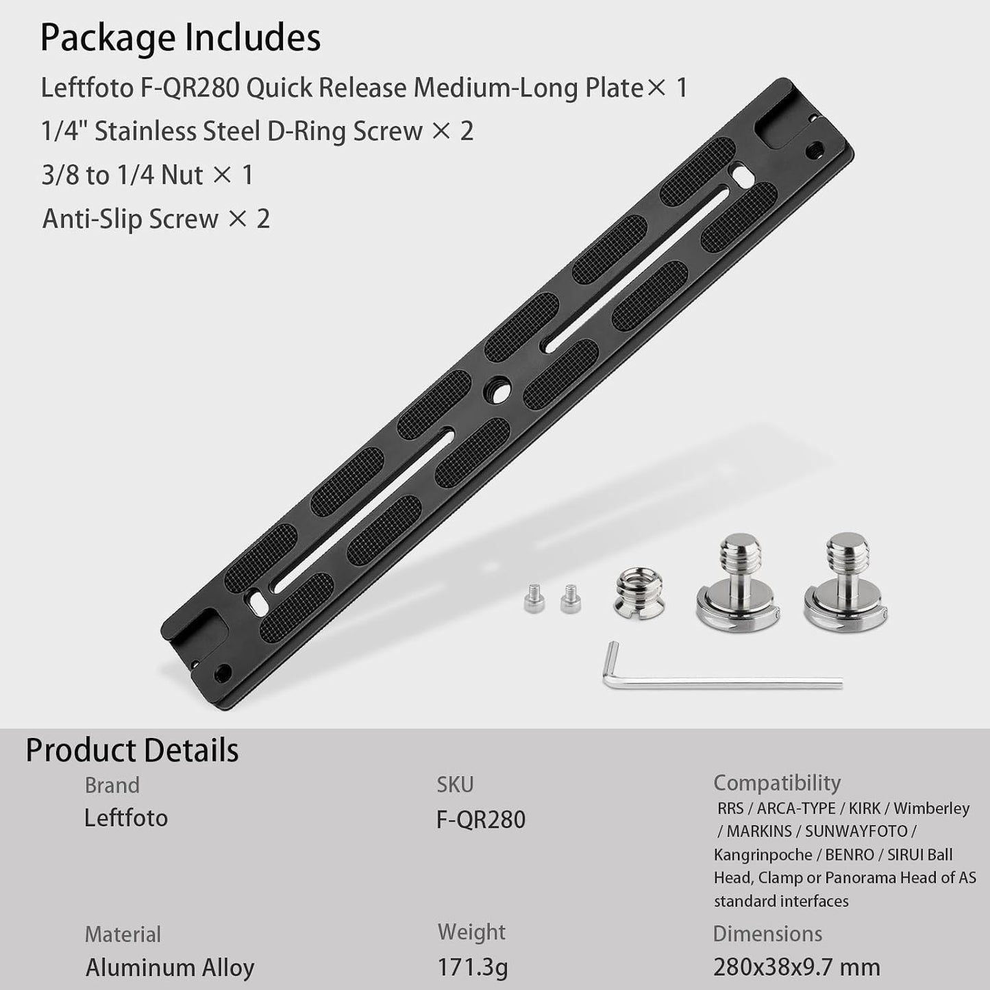 Leftfoto 280mm Metal Dovetail Slide Rail Arca Swiss Type Quick Release Plate with Cold Shoe & Anti-Slip Pads for DSLR