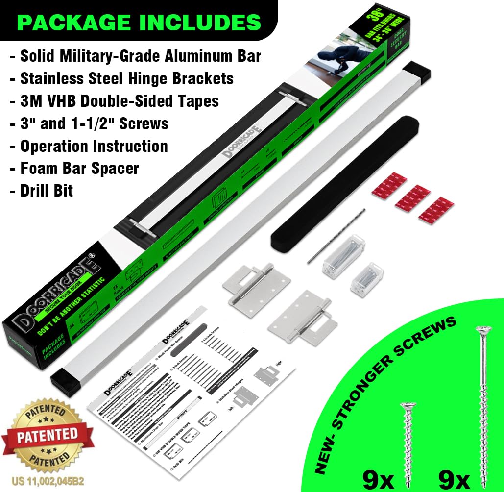 Door Security Bar-by Doorricade-Secure The Entire Width of Your Inward Opening Front Door-Safe Room. Fits Doors 32"-36" Wide.