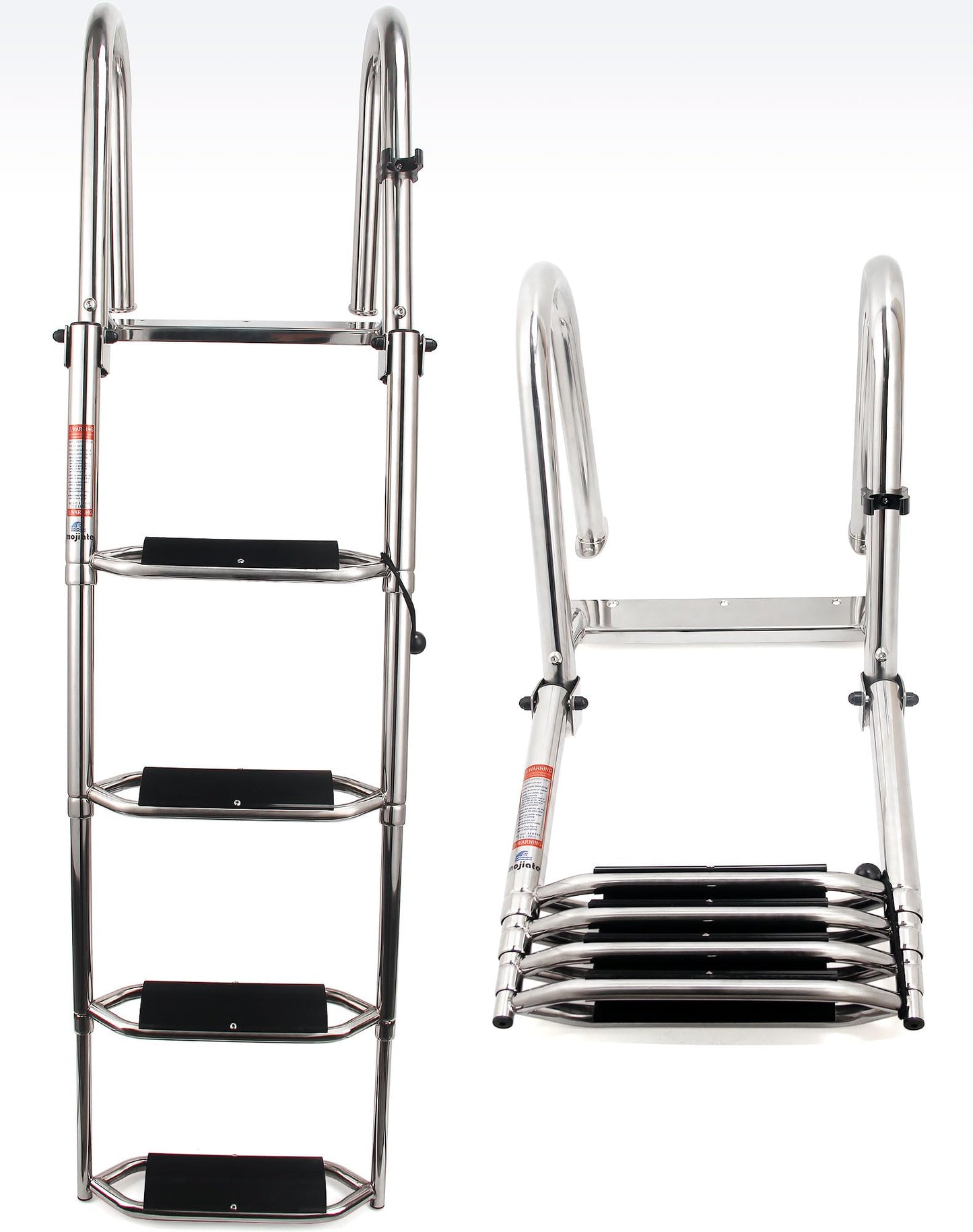 Mojiate 4-Step Heavy-Duty Stainless Steel Pontoon Boat Ladder with Extra Wide Steps & Handrails | Telescoping Folding Rear Entry Ladder, 600lbs Capacity, Marine-Grade 316 Stainless Steel