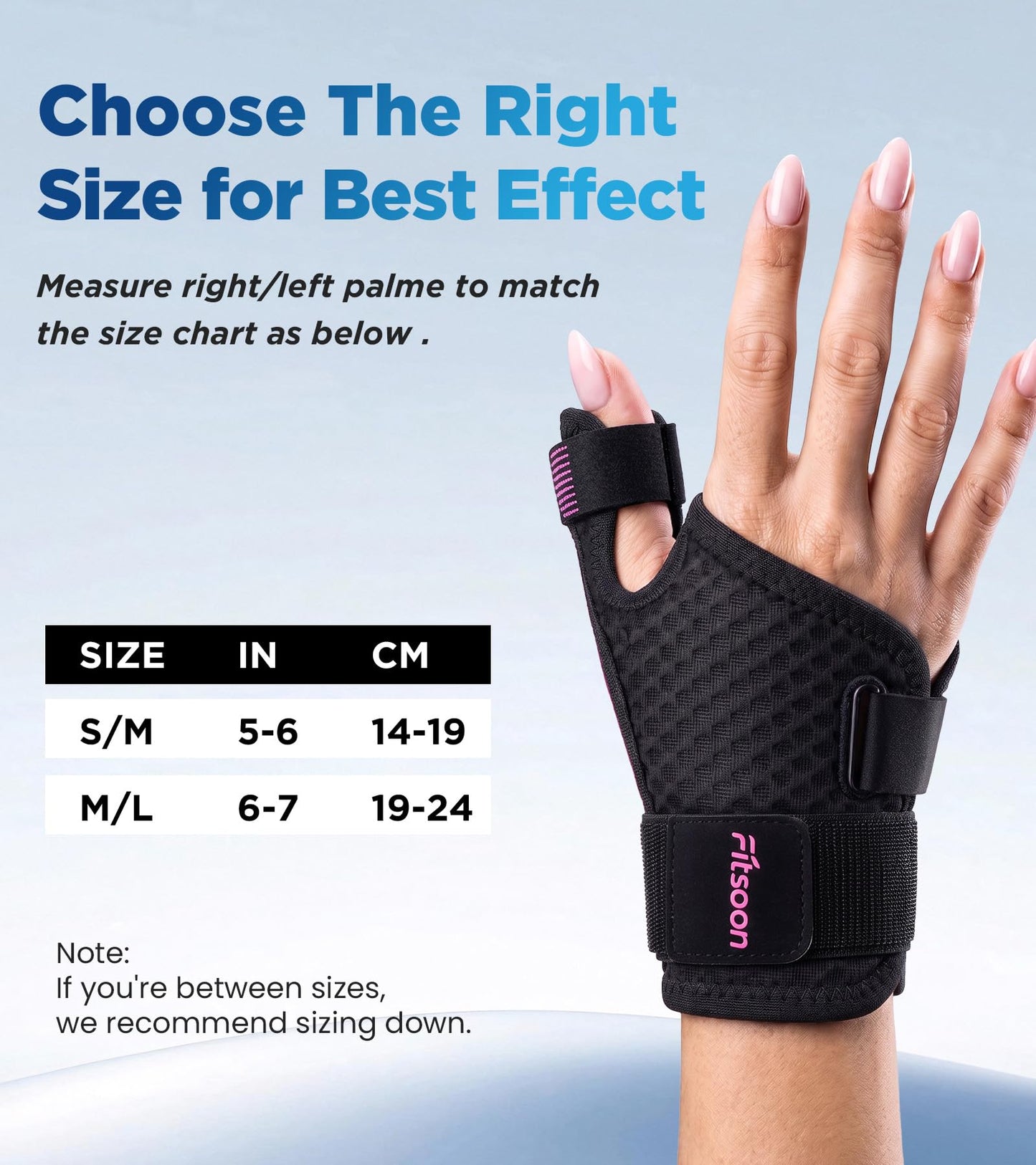 FITSOON Thumb Support Brace | Upgraded Thumb Spica Splint Stabilizer Pain Relief Night Support for De Quervain’ s Tenosynovitis Trigger Finger Arthritis Sprains | Breathable Fabric (Pink/Black, S/M _ Fit both hands)