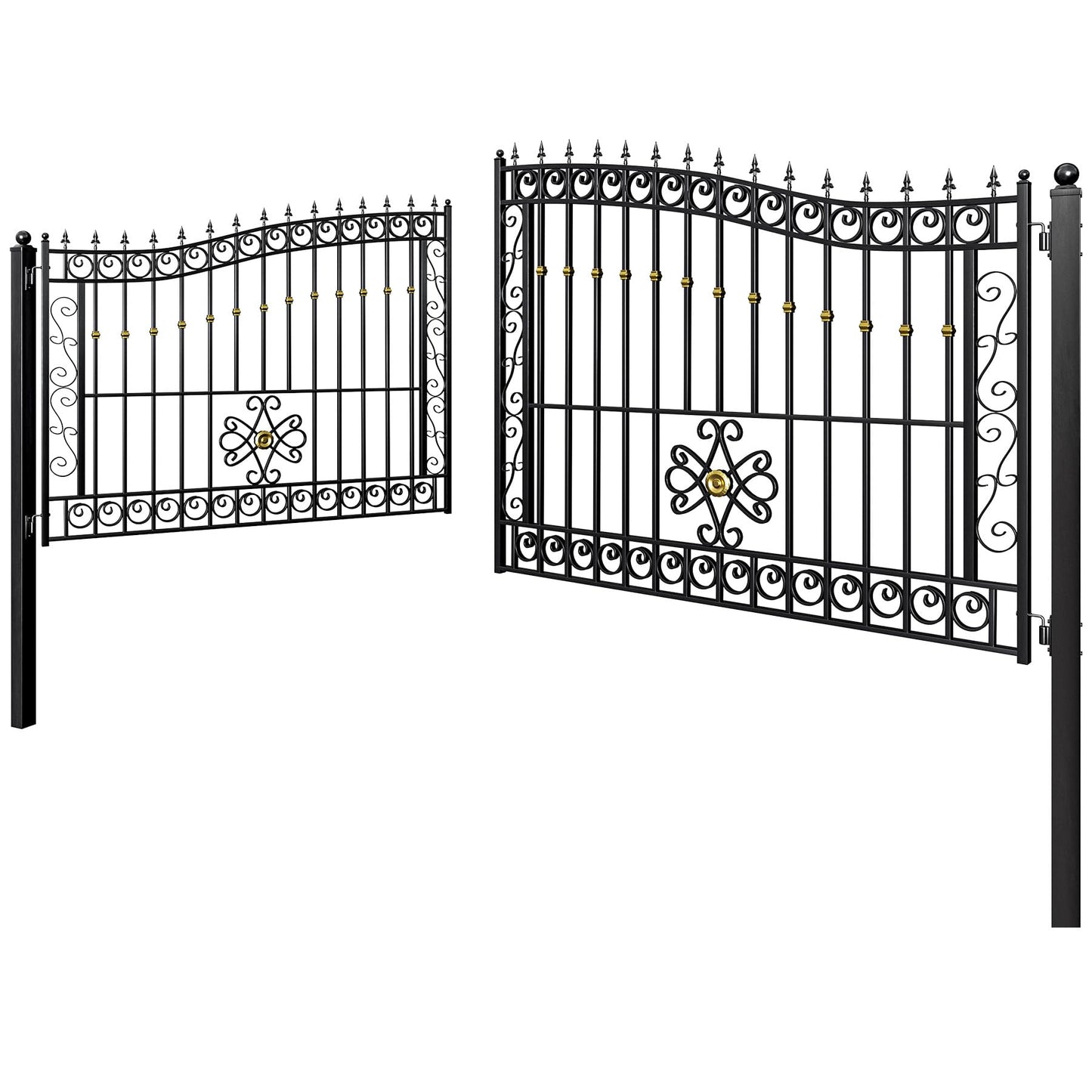 ZUMI Dual Swing Driveway Gate, 16x6 ft Heavy-Duty Galvanized Steel Security Gate Kit for Home Garden Yard & Family Safety, Outdoor Arched Swing Gate with Scrollwork & Gold-Tone Finials