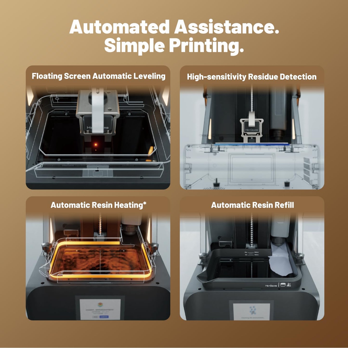 Heygears Reflex RS Turbo Resin 3D Printer with Amber Screen, High Contrast Ratio of 566:1, Delivering ยฑ2ฮผm High Precision and 4.5s/Layer High Speed, C5 Industrial Z-Axis and Auto Leveling