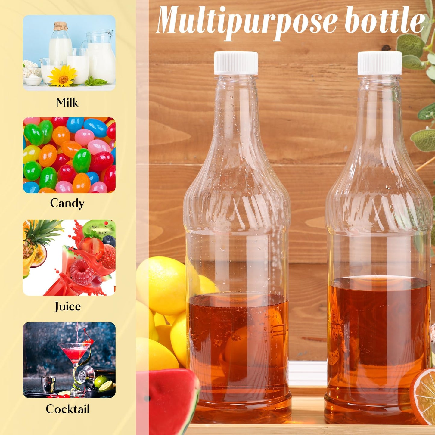 Dandat 32 oz Plastic Long Neck Bottles with Pourer and Caps Plastic Juice Pour Bottles with Stainless Steel Pourer Tapered Spout for Liquor Juice(Silver,4 Pcs)
