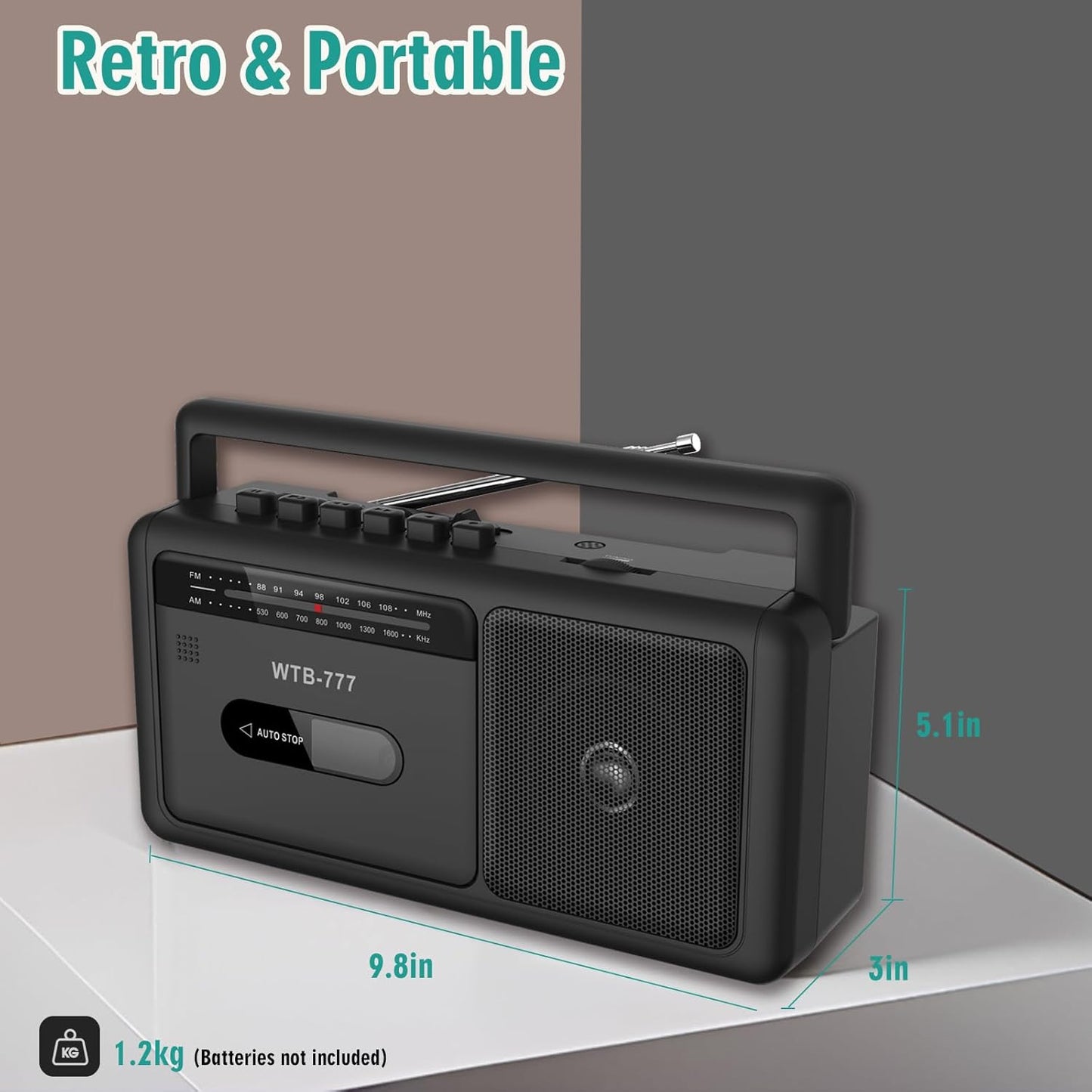 WIITHINK WTB-777 Cassette Cassette Portable Player Boombox, AM/FM Radio Stereo with Bluetooth, USB, Recorder, Earphone