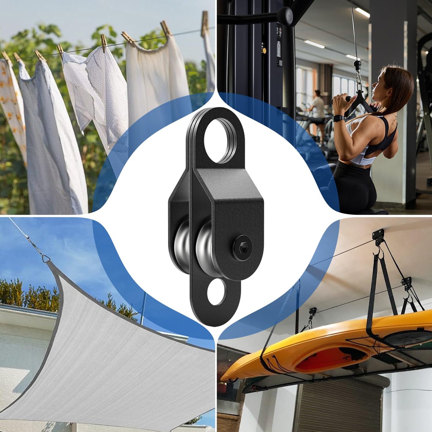 fshihine Black Pulley Block System Set Include 2 Double Pulley with Ball Bearing Inside, 16ft Nylon Rope, Eye Pad Plate and Spring Hooks, Pulley Wheel for Lifting, DIY Projects and Clothesline