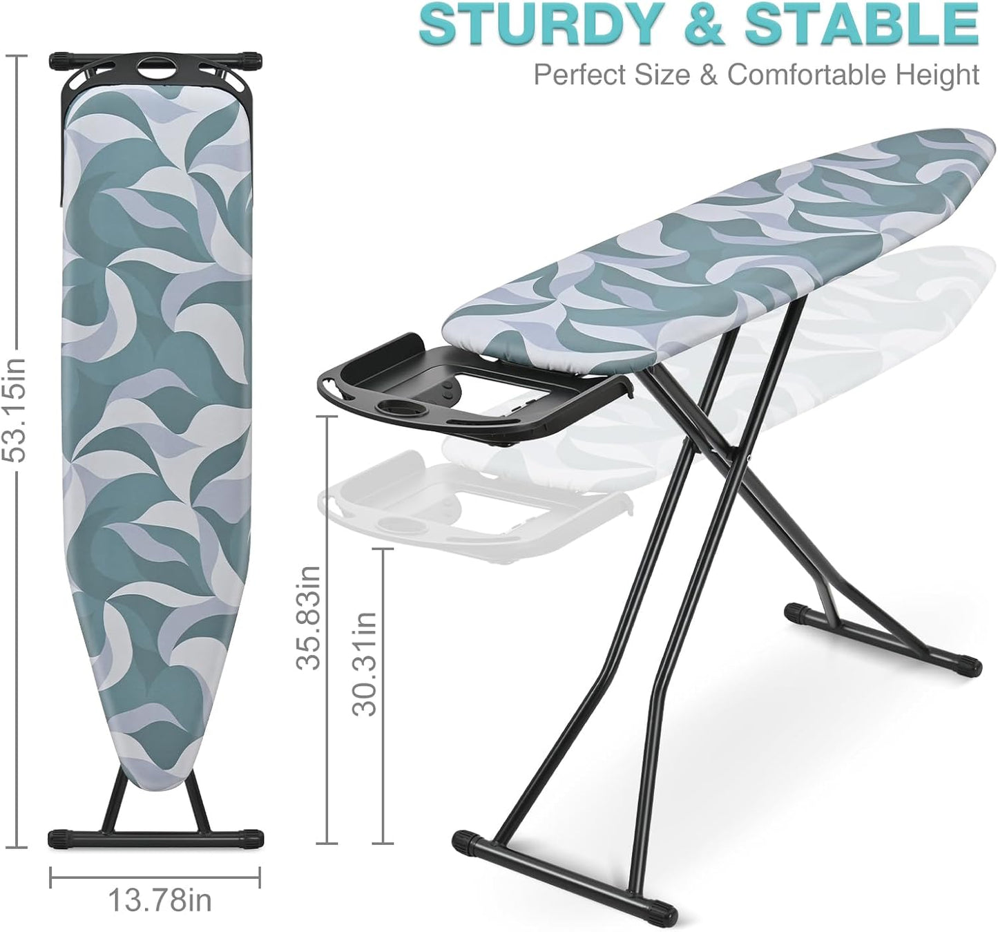 APEXCHASER Foldable Ironing Board - Full Size with Heat Resistant Cover & 7-Lever Height Adjustment | Blue 14x54