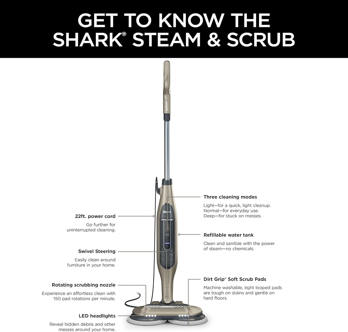 Shark S7001 Mop - 3 Steam Modes & LED Headlights for Hard Floors | 4 Washable Dirt Grip Pads, Gold