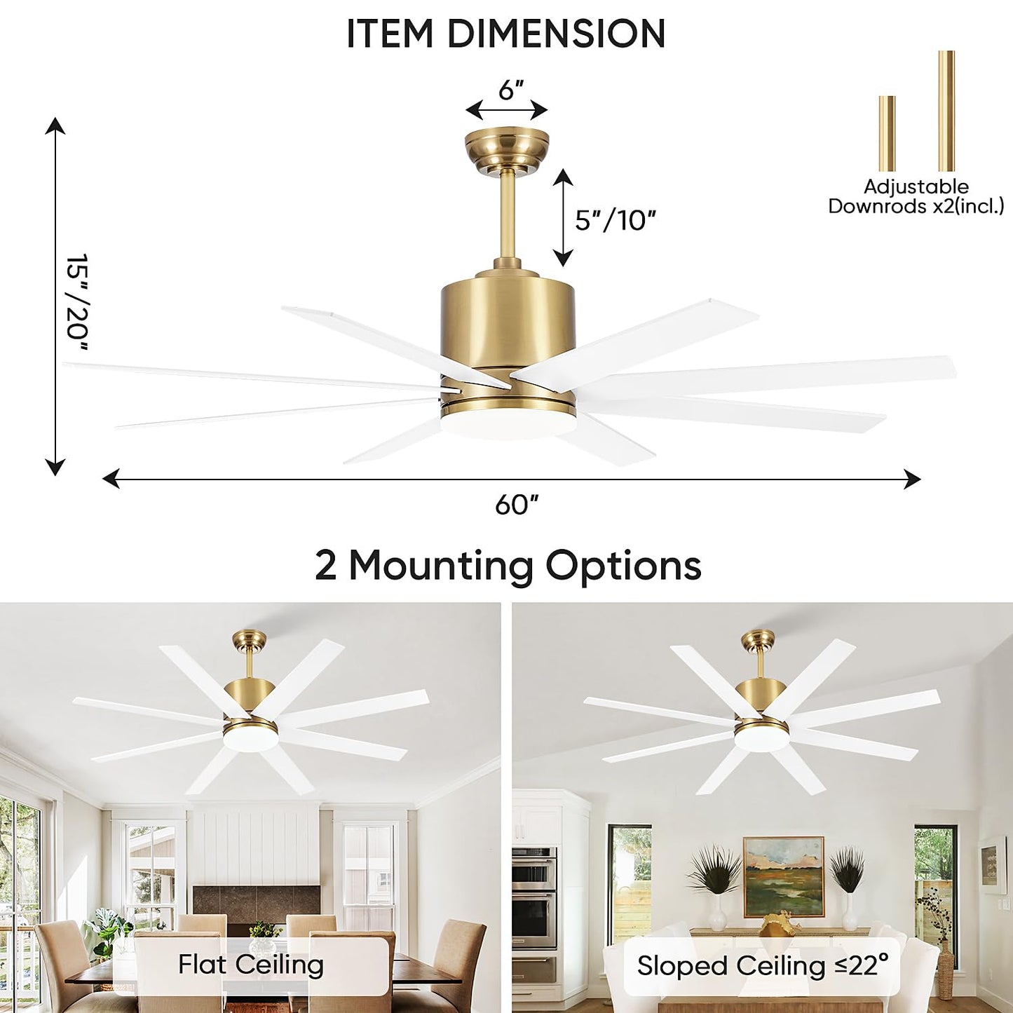 TXCSLY 60 inch Ceiling Fan with Light, Large Ceiling Fans with Remote Outdoor Ceiling Fan Quiet DC Motor, 8 Blades, 6 Wind Speed, Dimmable and Quiet DC Motor for Bedroom Living Room- White &Gold