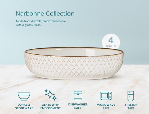 KooK Ceramic Pasta Bowls - Large Capacity Embossed Serving Bowls | Microwave & Dishwasher Safe, Set of 4, Ivory with Dark Copper Accents