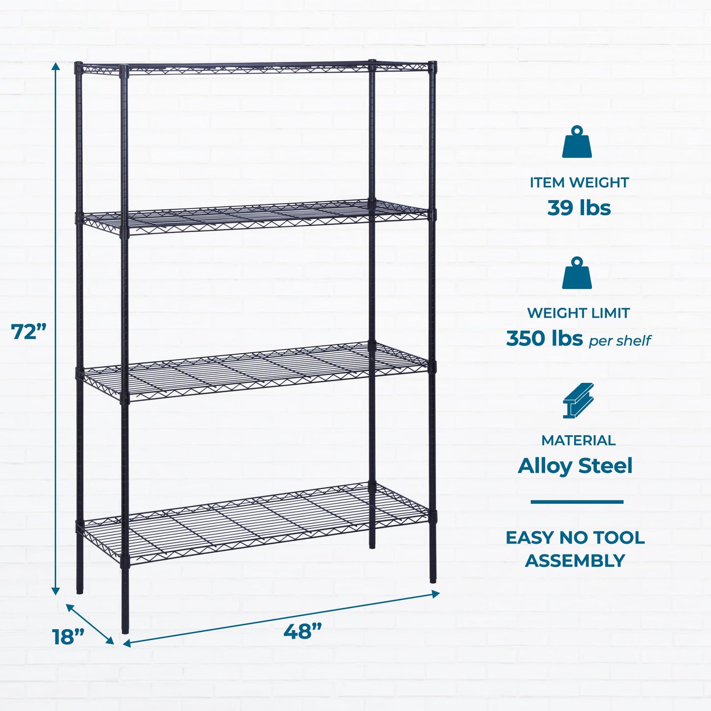 Honey-Can-Do 4-Tier Heavy Duty Extra-Wide Adjustable Shelving Unit, 350-lb Per Shelf Metal Storage Rack, Wire Shelf for Garage Workshop Basement, Black, 48 x 18 x 72 in