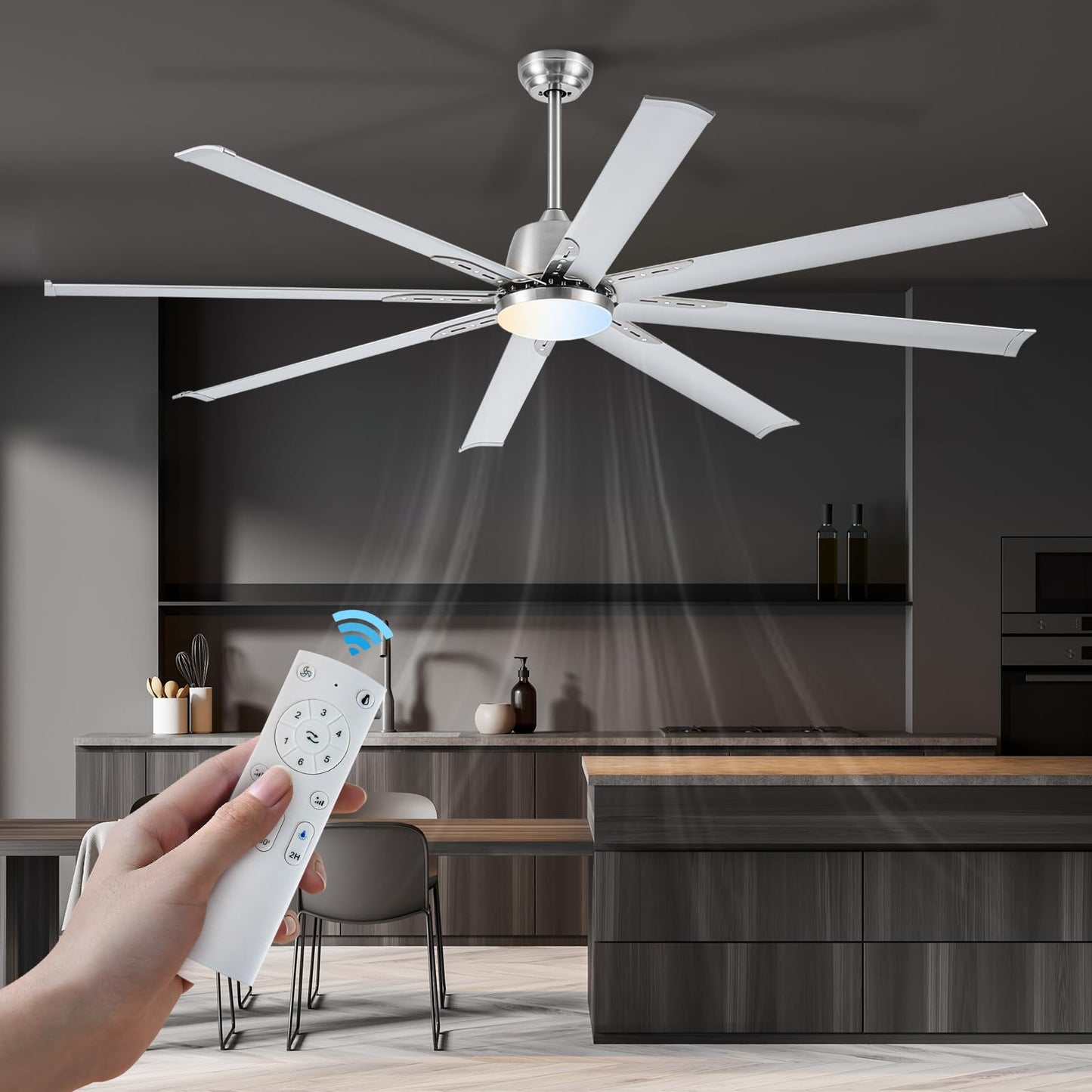 72 lnch lndustrial Celing Fan with Light and Remote Control,Large Celing Fan with 8 Brushed Nickel Aluminum Blades,6 Speed Noiseless DC Motor,Wet Rated Indoor Outdoor Ceiling Fans for Patio,Garage