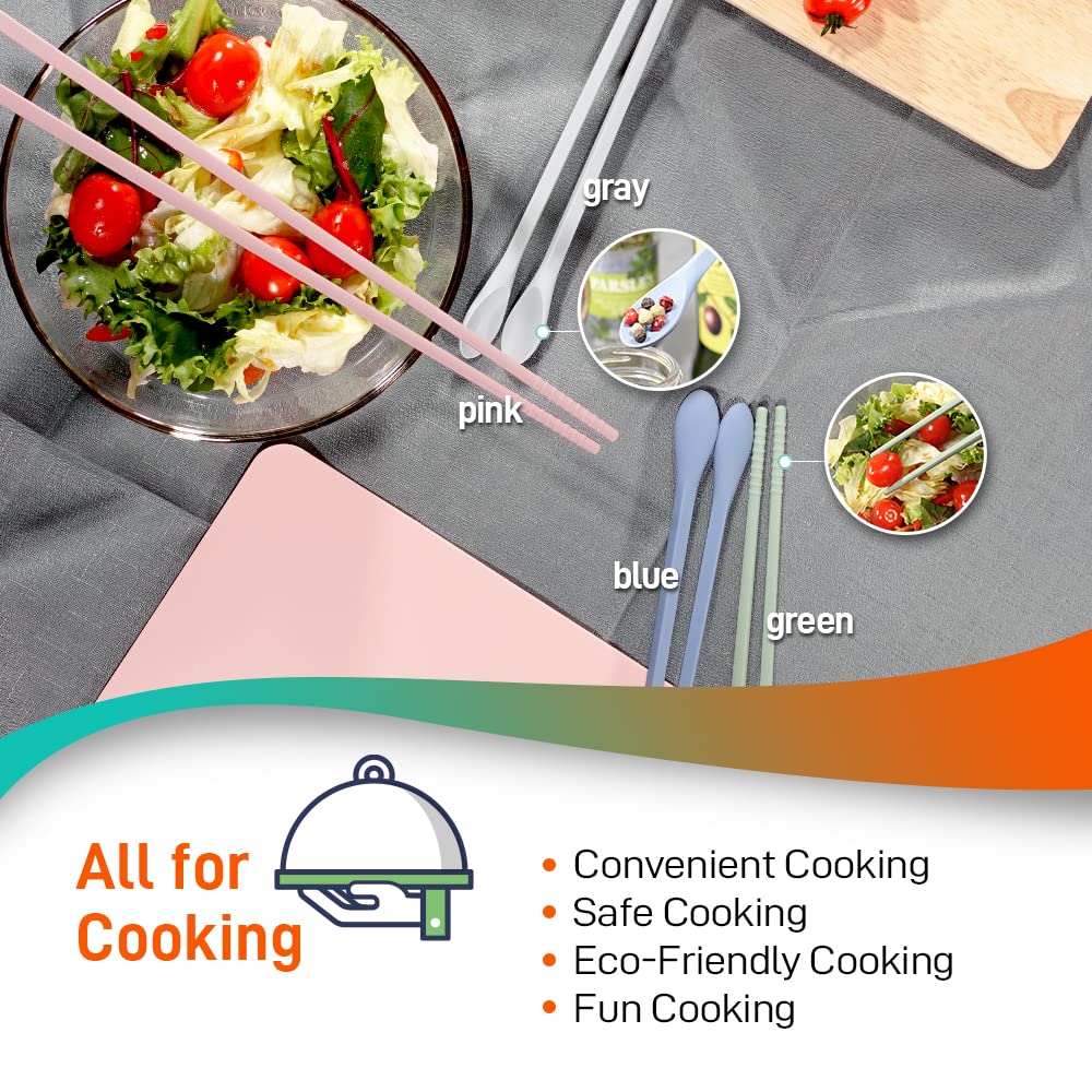 RECOHOME Reusable Long Silicone Cooking Chopsticks with Spoon 12 Inches 1 Pair, Dishwasher Safe, BPA-free Non-Slip,Korea Kitchen Utensils (Pastel Blue, 1 Pair )