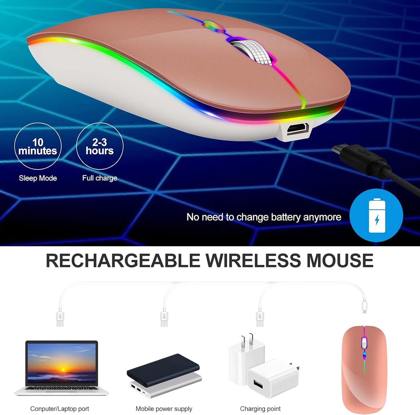 KLO (BT5.2+Type-C+USB2.4G) LED Rechargeable Bluetooth Mouse for MacBook/pc/iPad/Laptop/Notebook/Chromebook (Rose Gold)