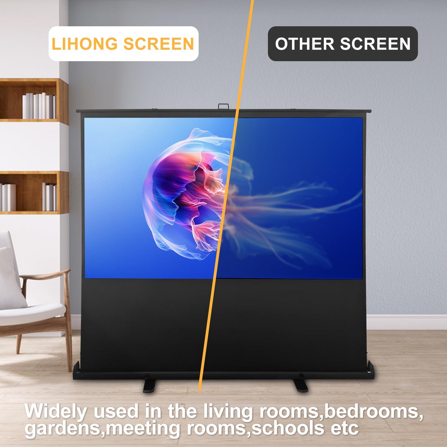 LIHONG Screen 80 inch 16:9 Manual Floor Rising Pull Up Projector Screen Portable Indoor & Outdoor 4K HD Matte White for Long Standard Projection Fast Setup for Home Theater Movies,Classroom,Office