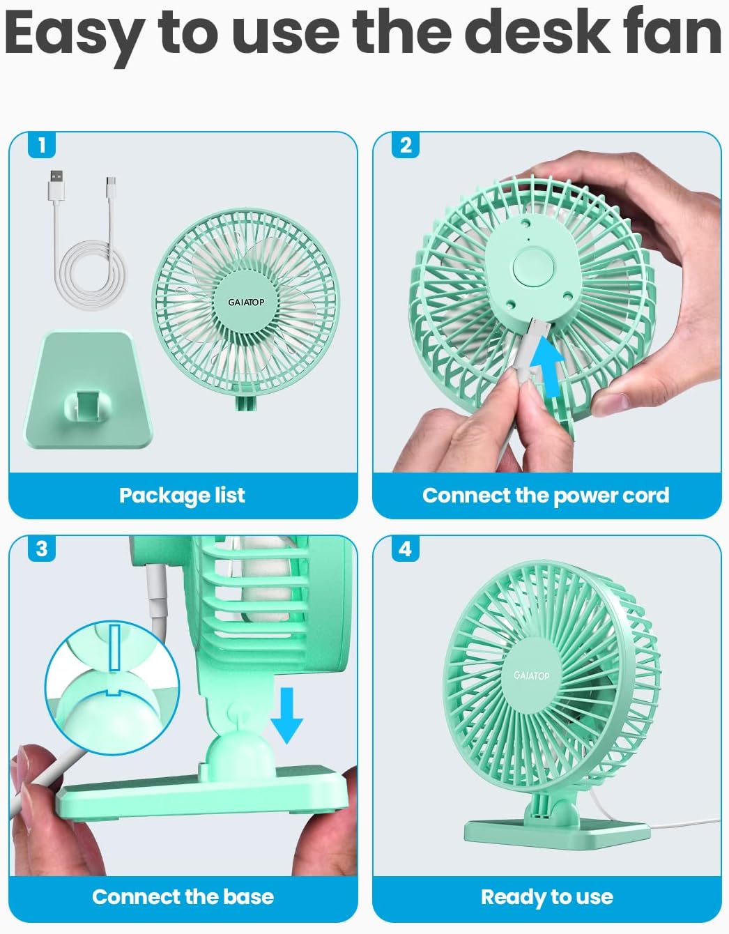 3 Summer Gaiatop USB Desk Fan, Small But Powerful, Personal Portable Quiet Speeds, Adjustable Mini Table Desktop fan