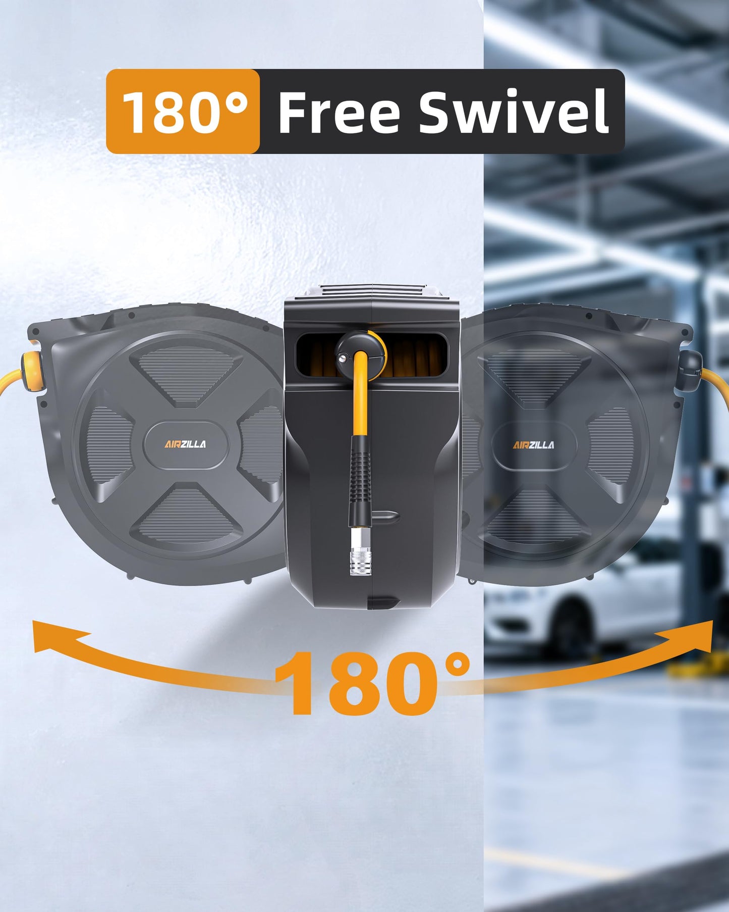 Retractable Air Hose Reel, 3/8" x 100Ft Flex Hybrid Air Hose Max 300PSI Kink-resistant Air Compressor Hose Reel Auto Rewind with 6Ft Lead in, Quick Connect, 180° Swivel Mounting Kit.