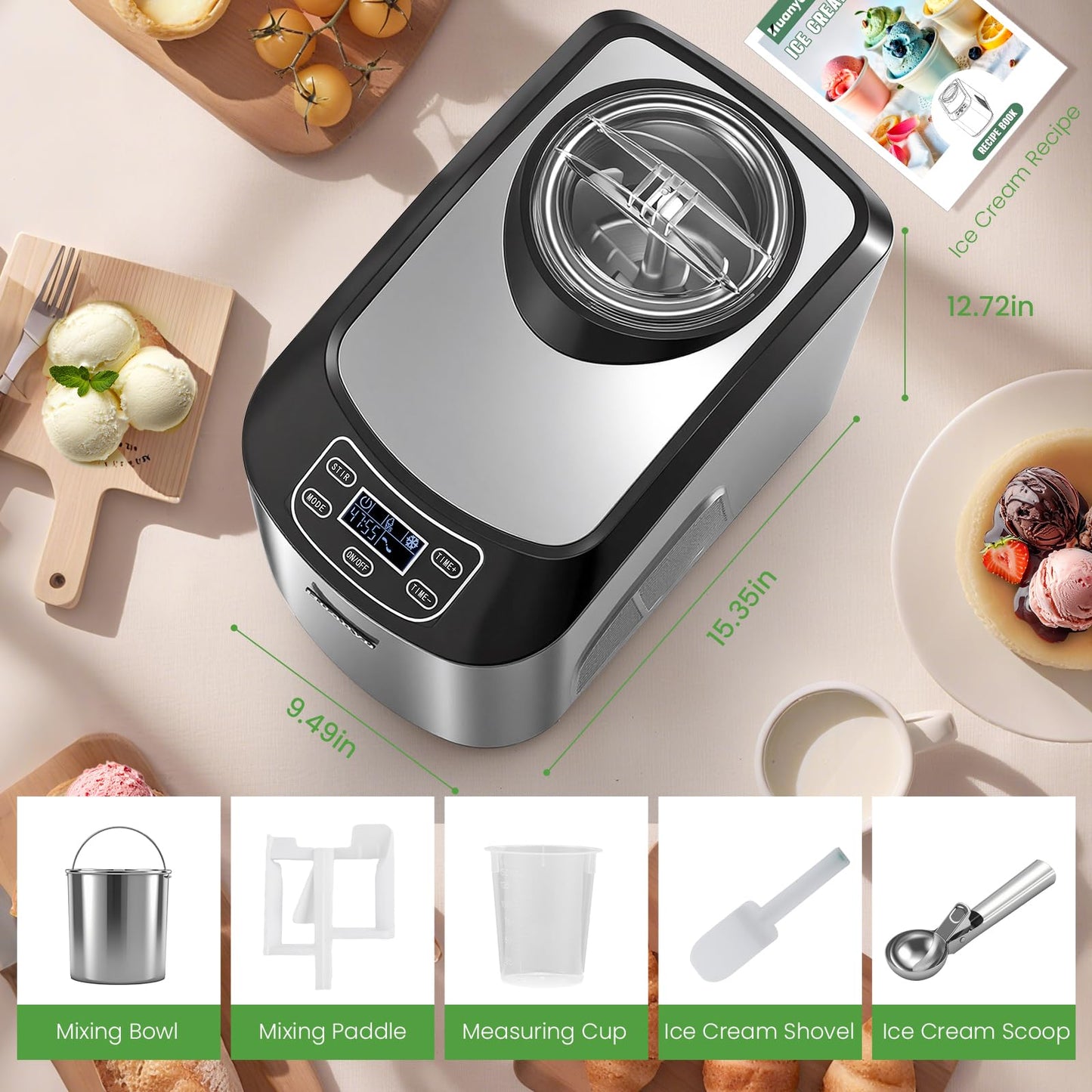 Huanyu Ice Cream Machines 1.5L Automatic Ice Cream Maker with Built-In Compressor | No Pre-Freezing, 3 Modes, LCD Digital Display & Timer