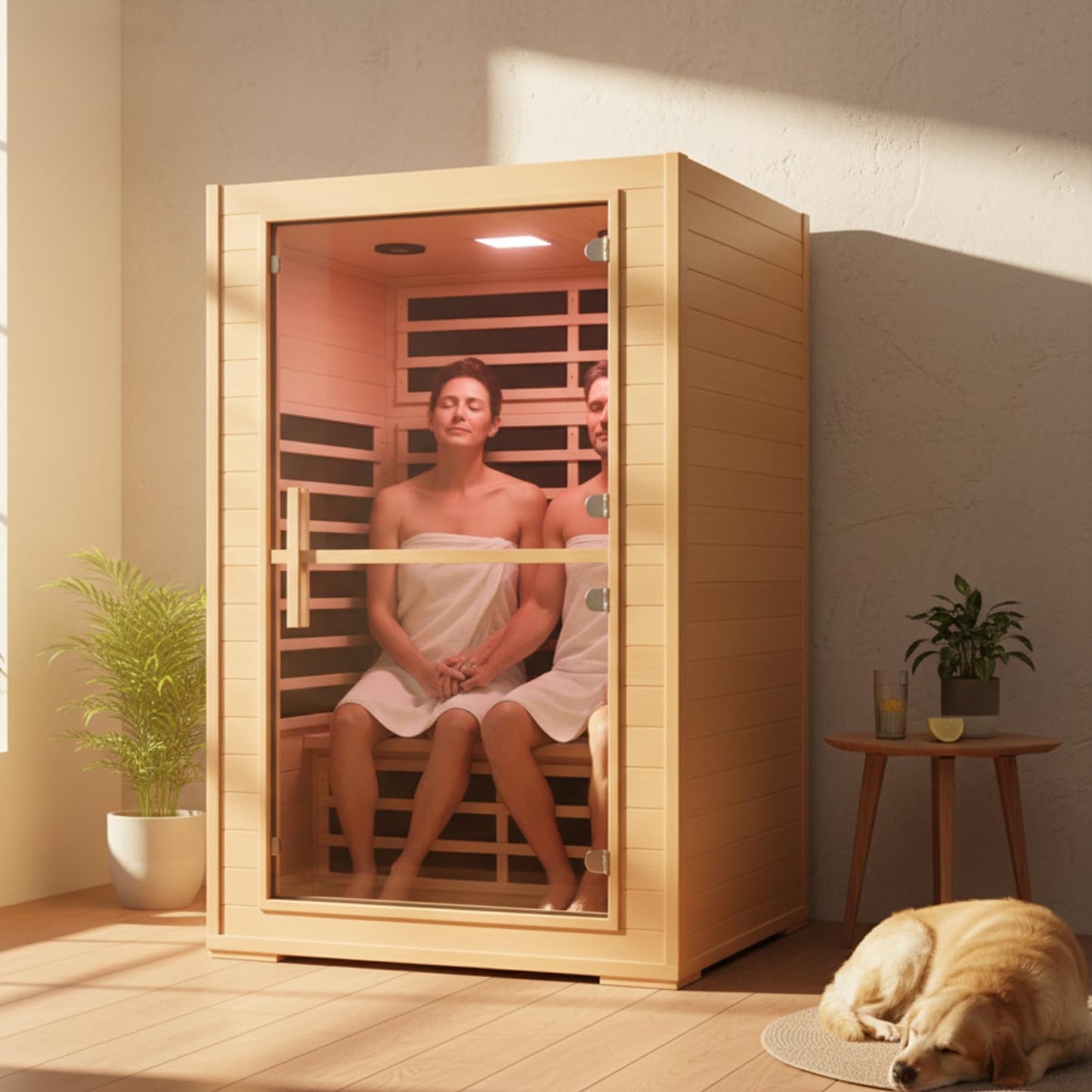 2 Person Far Infrared Sauna for Home, Canadian Hemlock Wood Infrared Sauna, 1800W Low EMF Sauna with 8 Mica Heating Panels, Bluetooth, FM Radio, Color Light Therapy, Indoor Home Spa Sauna