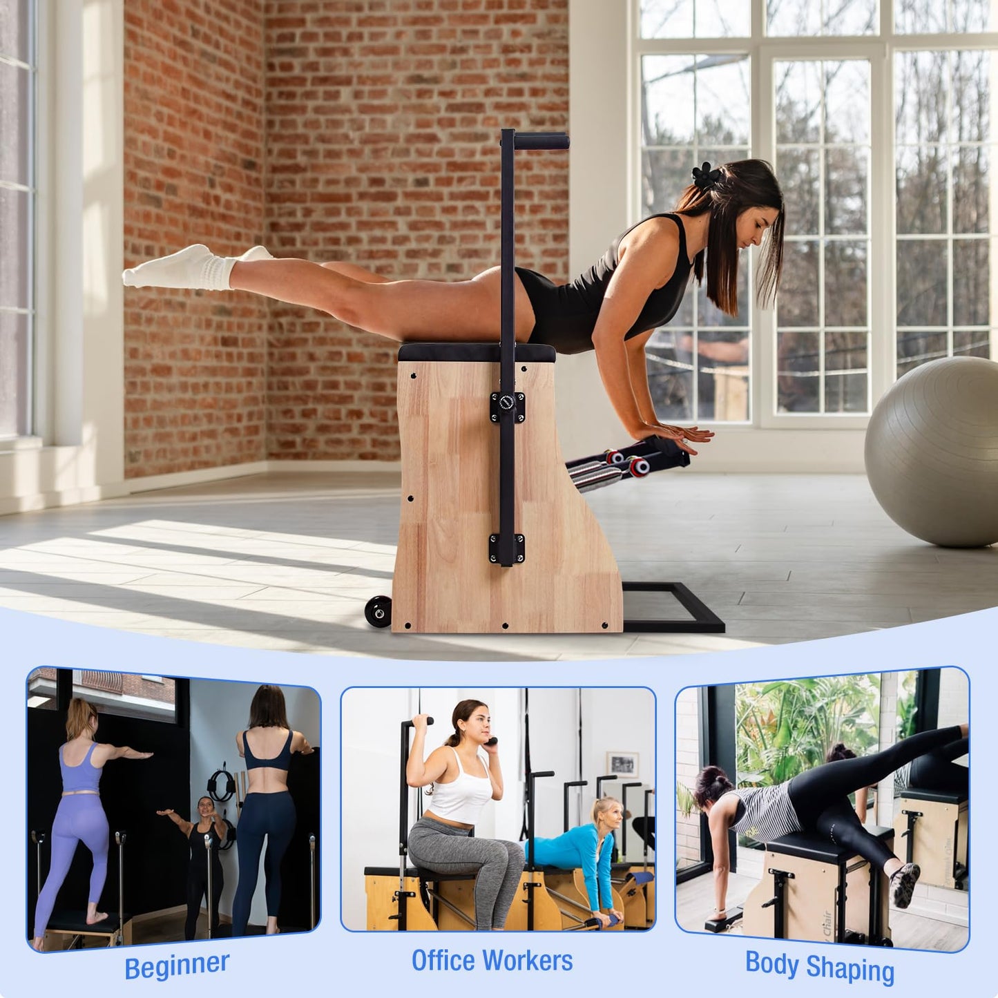 Pilates Chair Wunda Chair Pilates Combo Chair Reformer Machine with Adjustable Resistance Springs Split Pedal Handles Home Gym Equipment for Yoga Core Training Rehabilitation Includes Non-Slip Socks