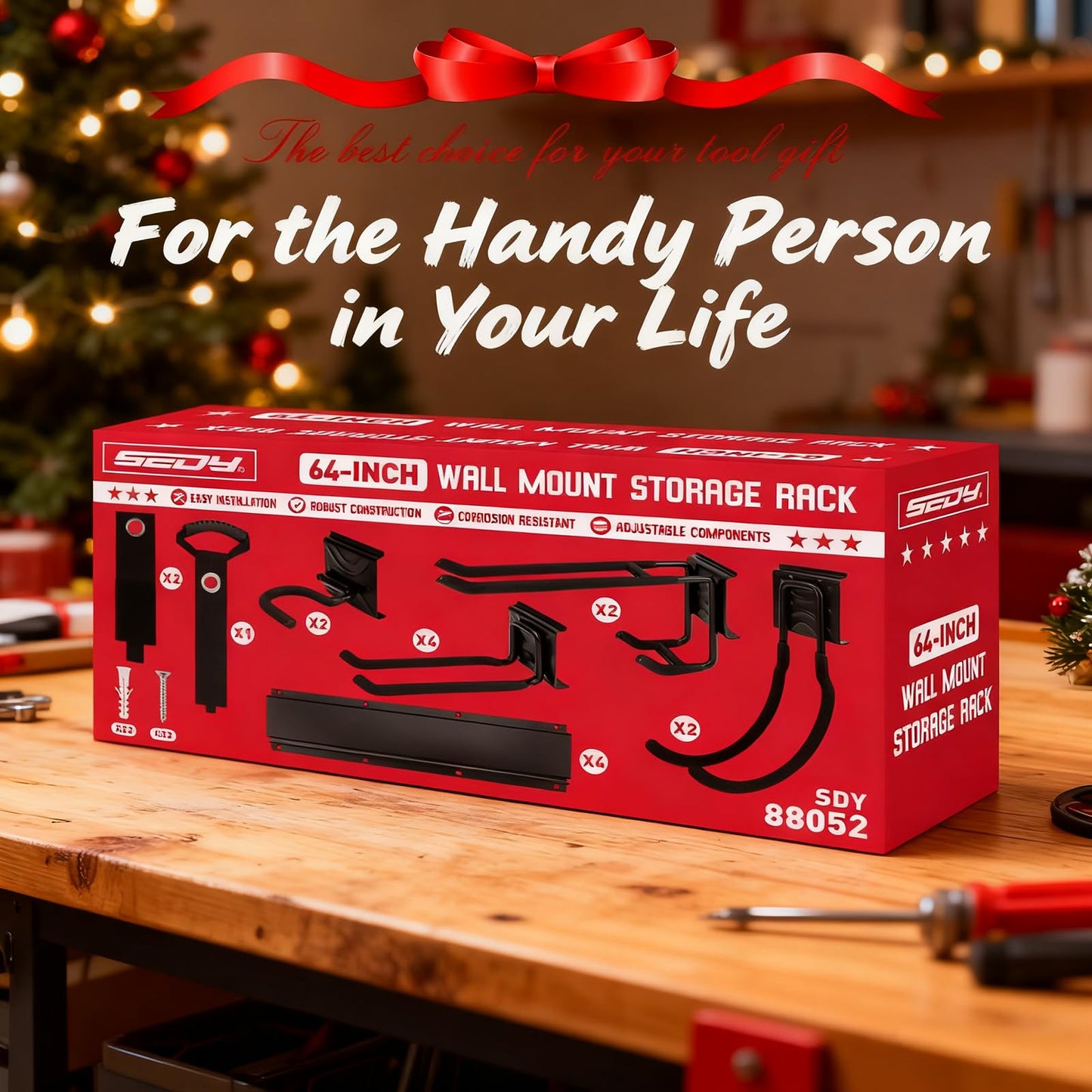 SEDY 64" Heavy Duty Garage Storage Tool Organizer Wall Mount - Tool Rack with Adjustable Hooks, Anti-Rust, 300lbs Capacity - Easy Installation (4 Racks, 10 Hooks, 3 Straps)
