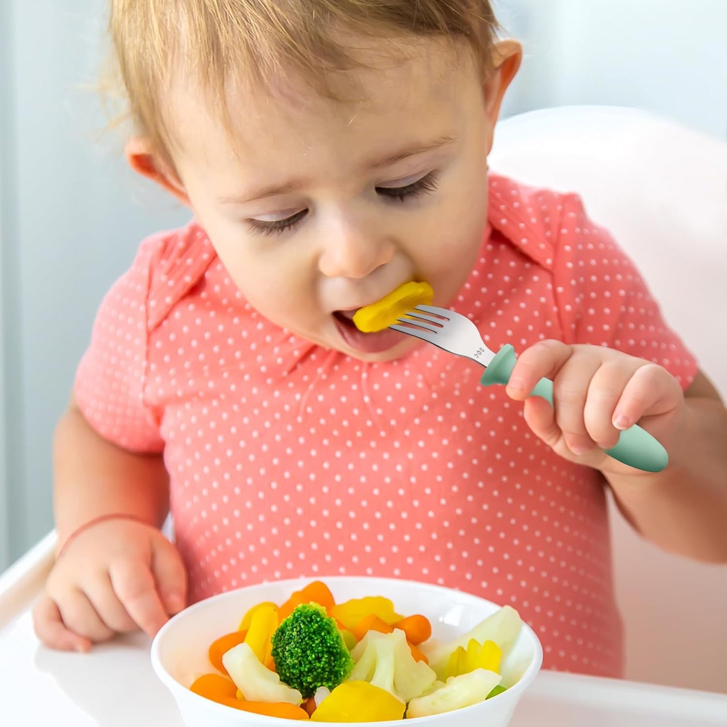 Pimoys Toddler Utensils Set - 6-Piece Stainless Steel Forks & Spoons with Plastic Handles | Dishwasher Safe