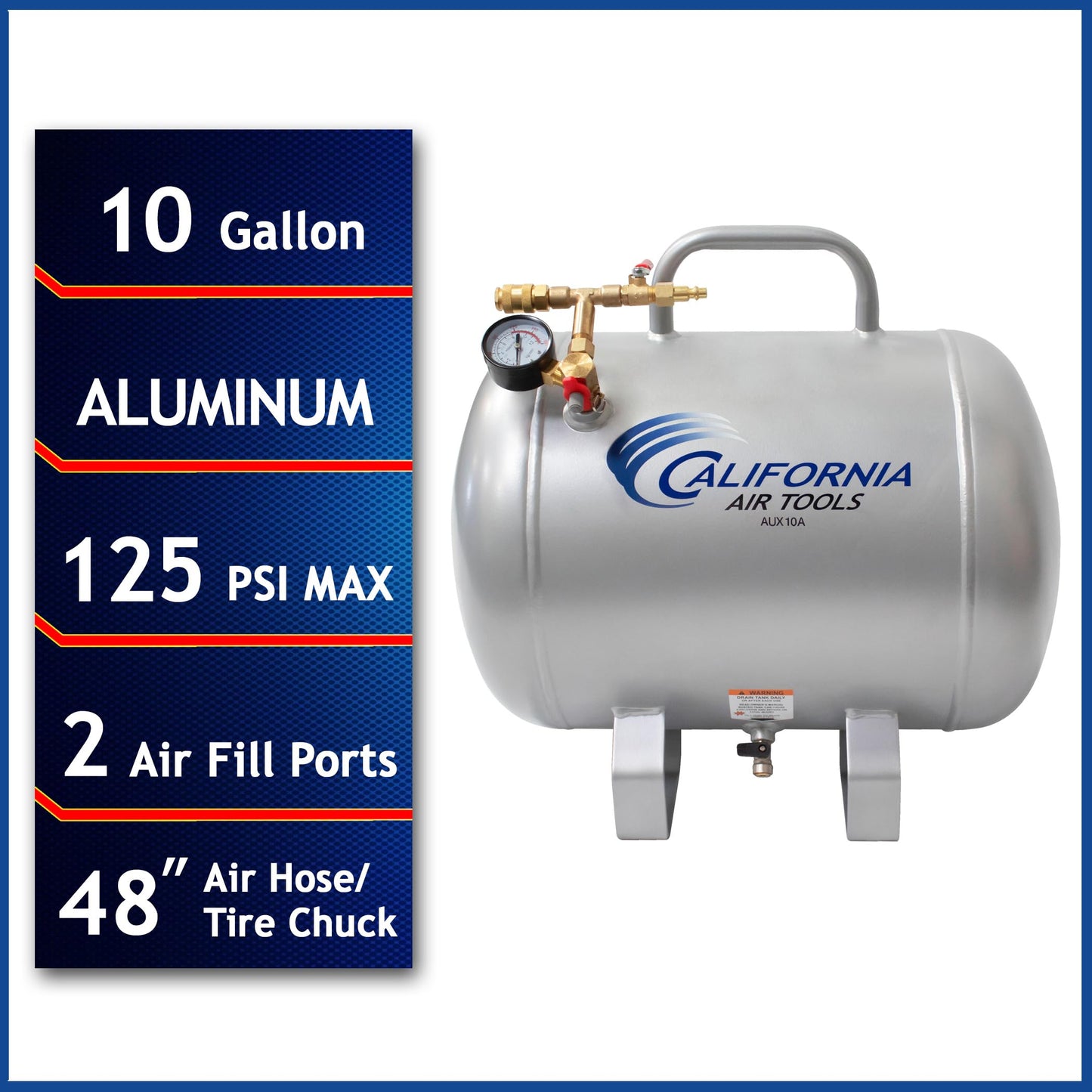 California Air Tools CAT-AUX10A Lightweight Portable Aluminum Air Tank, 10 Gallon, Silver