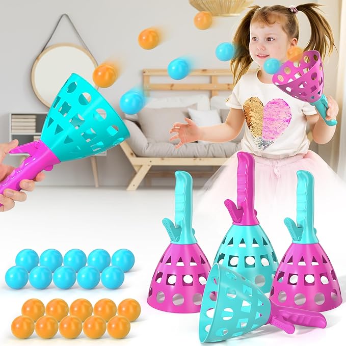 Pop Pass Catch Ball Game Set – 4 Launchers, 20 Balls, Toss and Catch Outdoor Toys for Kids Ages 3-8, Indoor Yard Beach Pool Game, Party Favor for Kids Adults
