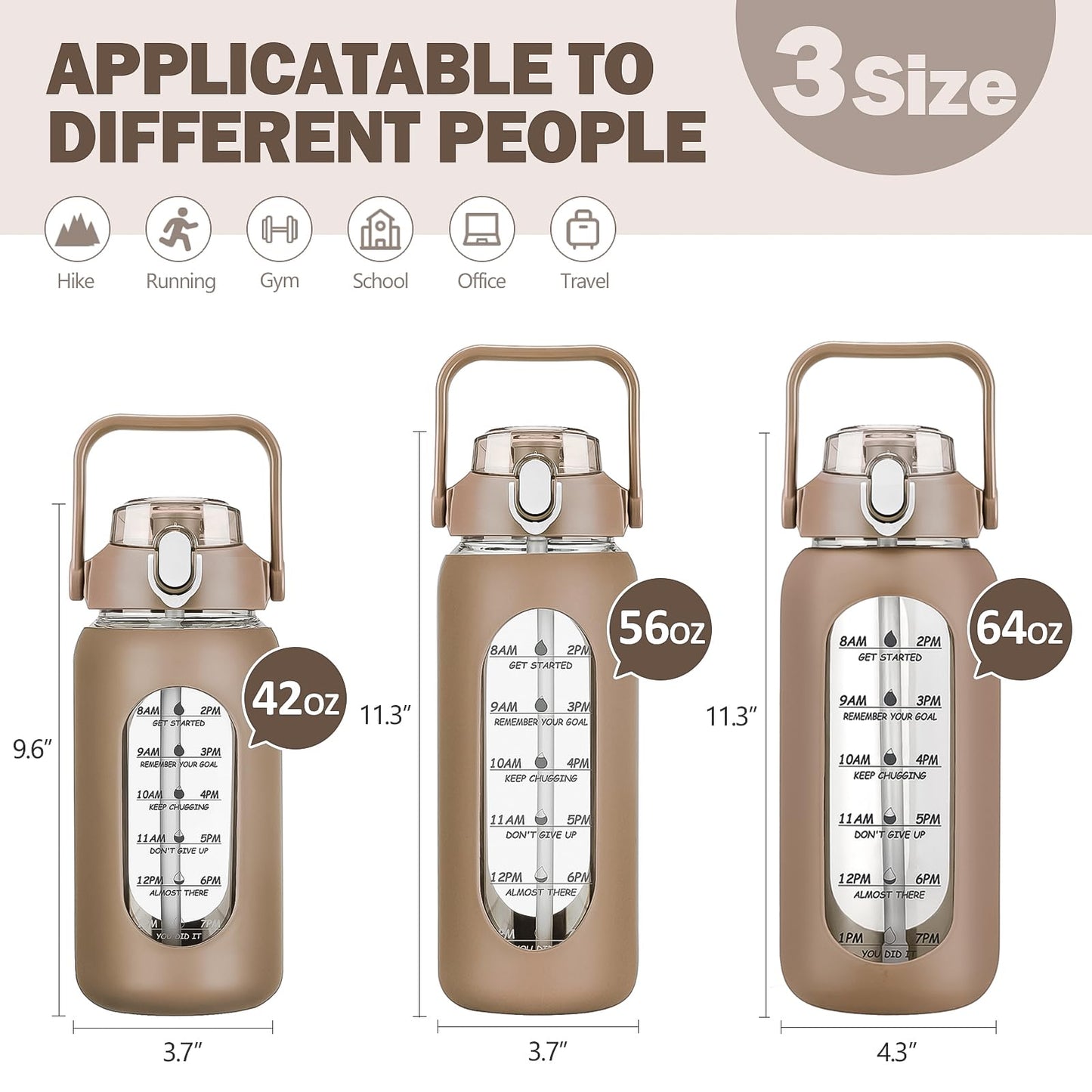 kytffu 64oz Glass Water Bottles with Straw, Half Gallon Motivational Glass Bottle with Silicone Sleeve and Time Marker, 2L Leakproof Large Glass Water Jug for Gym Home Office,Amber
