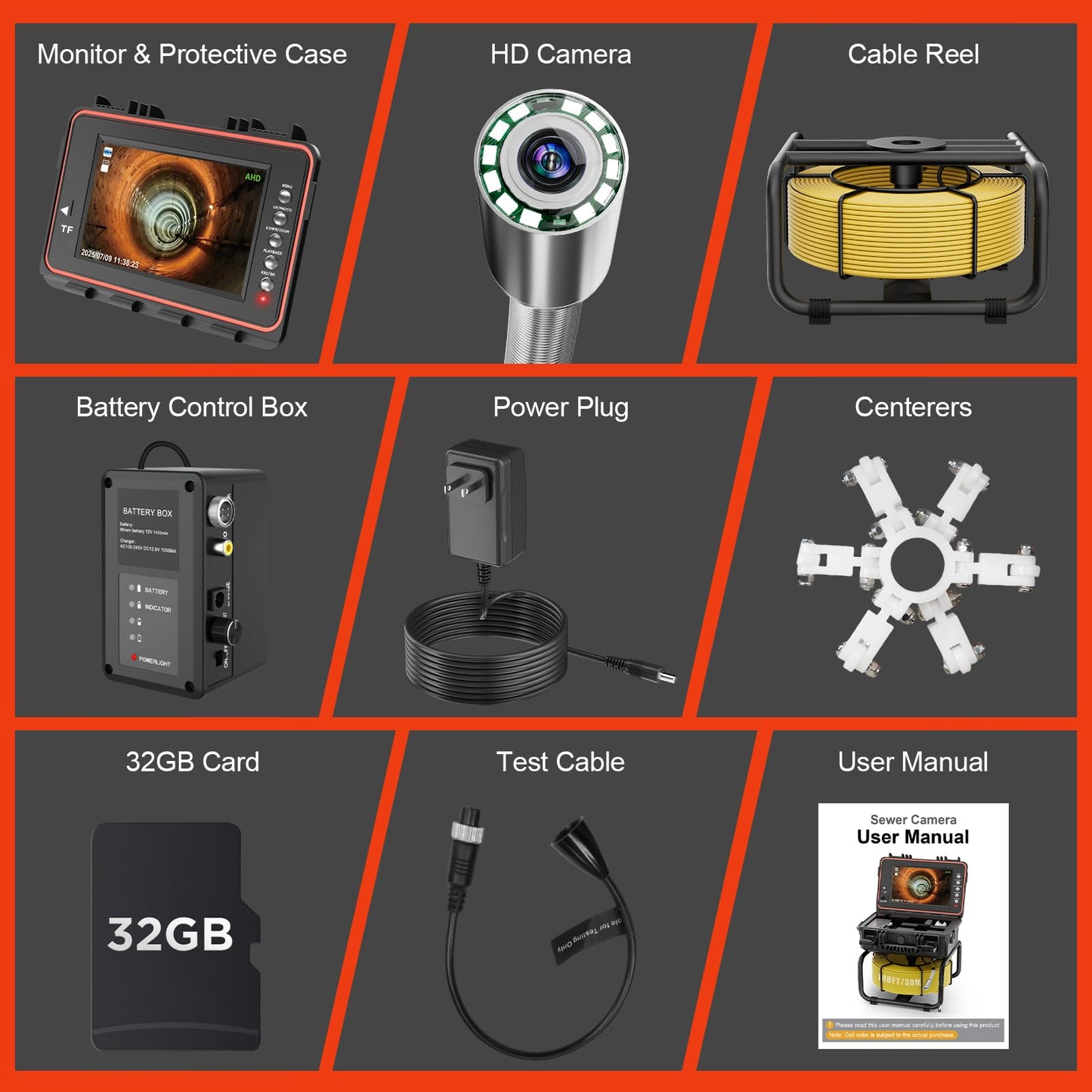 Sewer Camera with 512Hz Transmitter, Self-Leveling Drain Camera 100ft with Meter Counter, 9" HD Plumbing Camera Snake with 12 LED Lights, 5100mAh Battery, IP68 Waterproof, 32GB DVR for Pipe Inspection