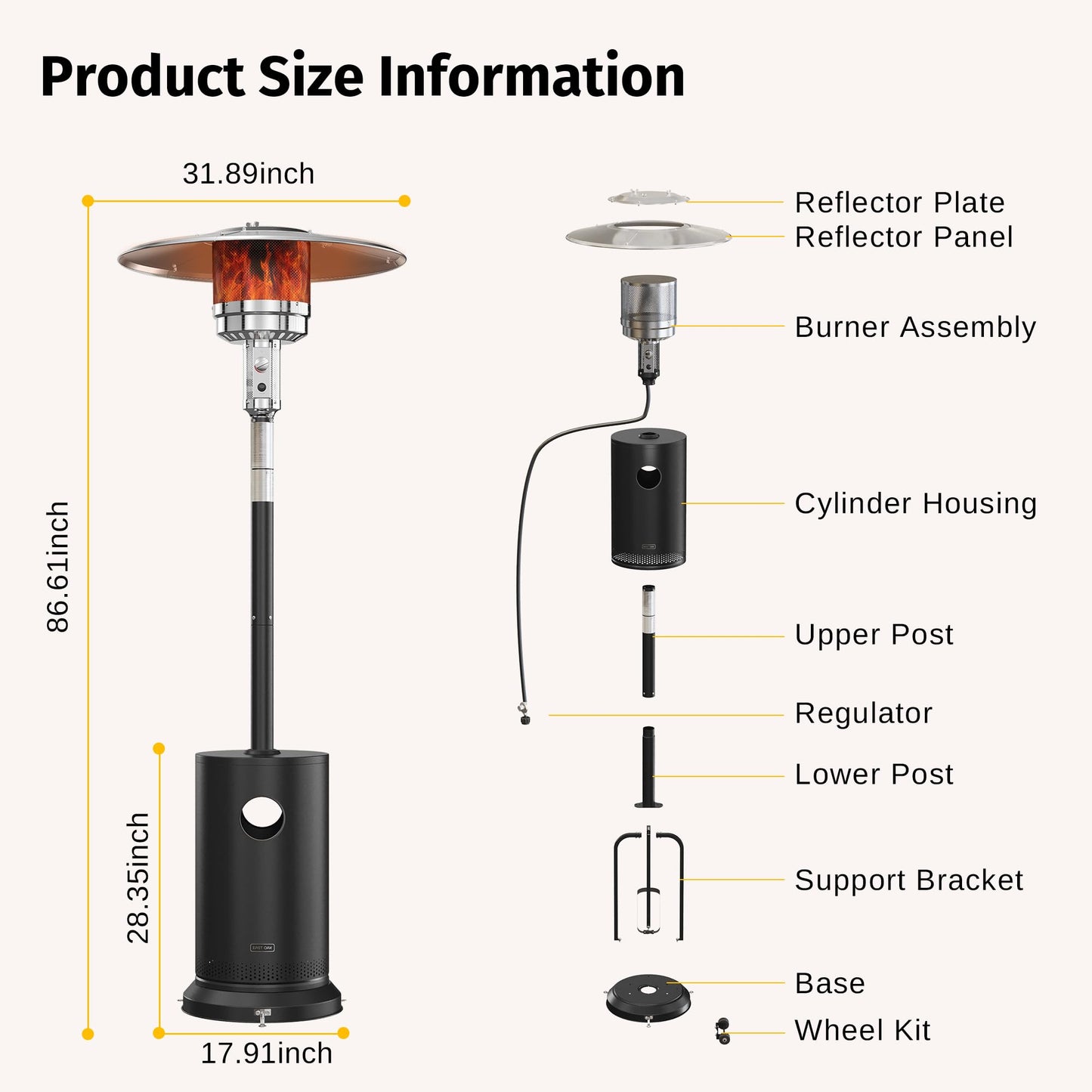 EAST OAK 55,000 BTU Propane Patio Heater with Round Table & Stainless Steel Burner, Outdoor Heater with Wheels, Ideal For Large Patios, Gardens, Outdoor Events, Commercial Use, Black
