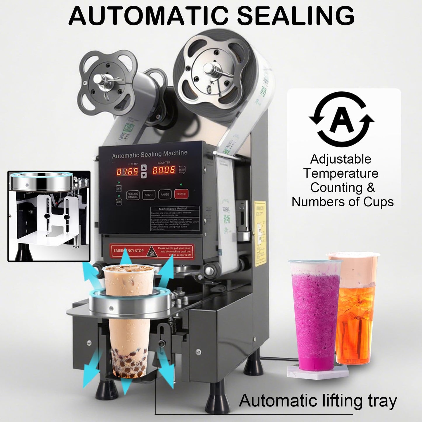 Cup Sealing Machine, Full Automatic Cup Sealer Machine 90/95mm Electric boba Cup Sealing Machine 500-650 Cups/H Digital Control LCD Panel Suitable for Bubble tea, Coffee, Drinks, Desserts (Black)