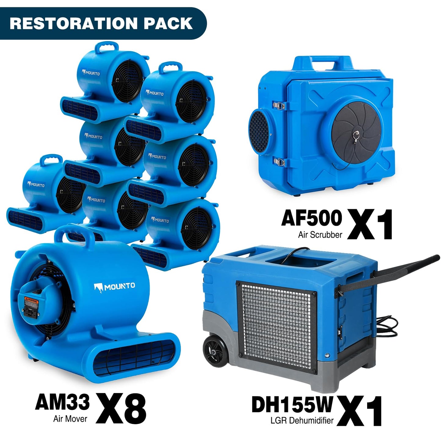 MOUNTO Water Damage Restoration Combo Package 8x Air Mover 1x Air Scrubber 1x Dehumidifier