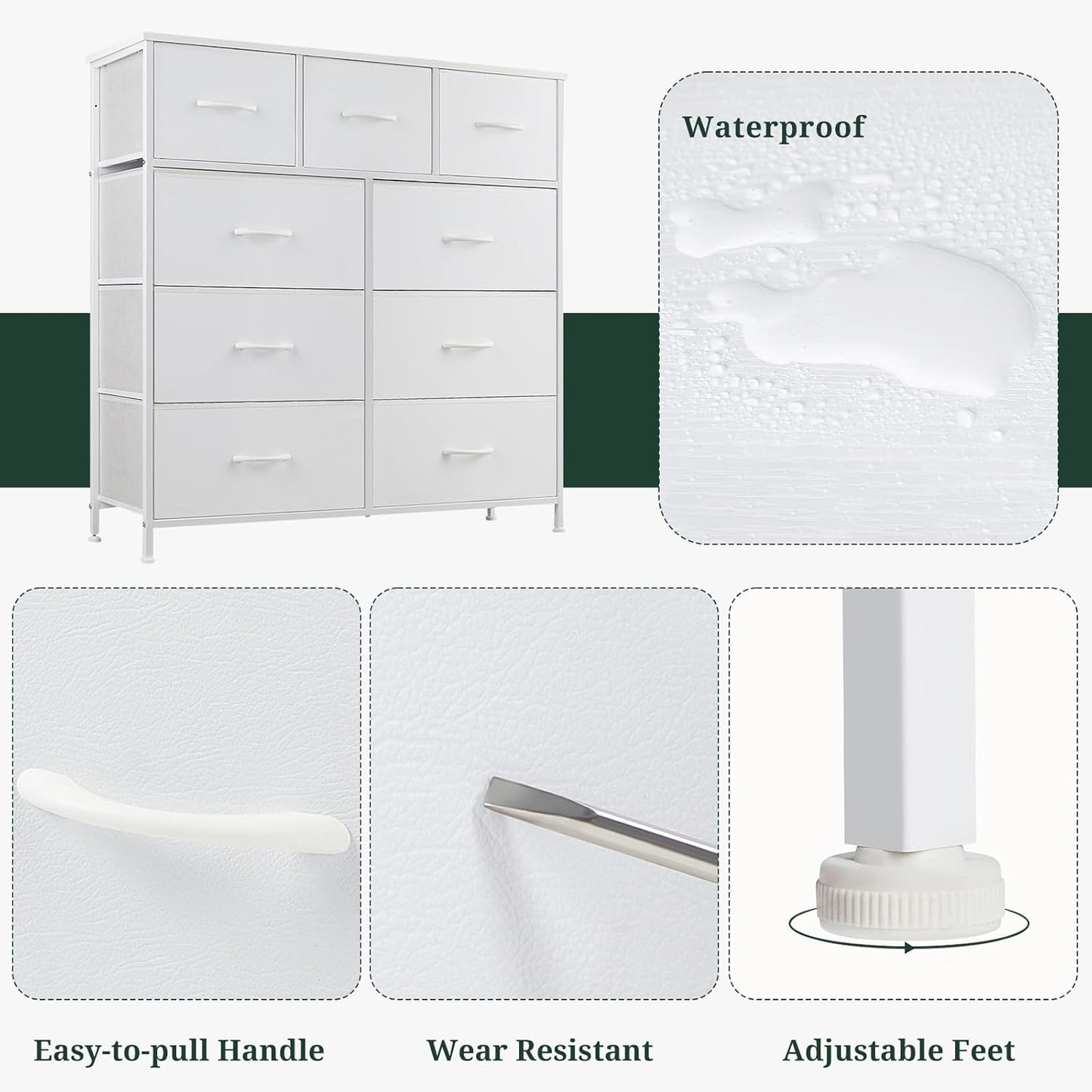 Regine Switzerland 9-Drawer Dresser - Anti-Tip Tall Storage Organizer with Wooden Top & Metal Frame | White