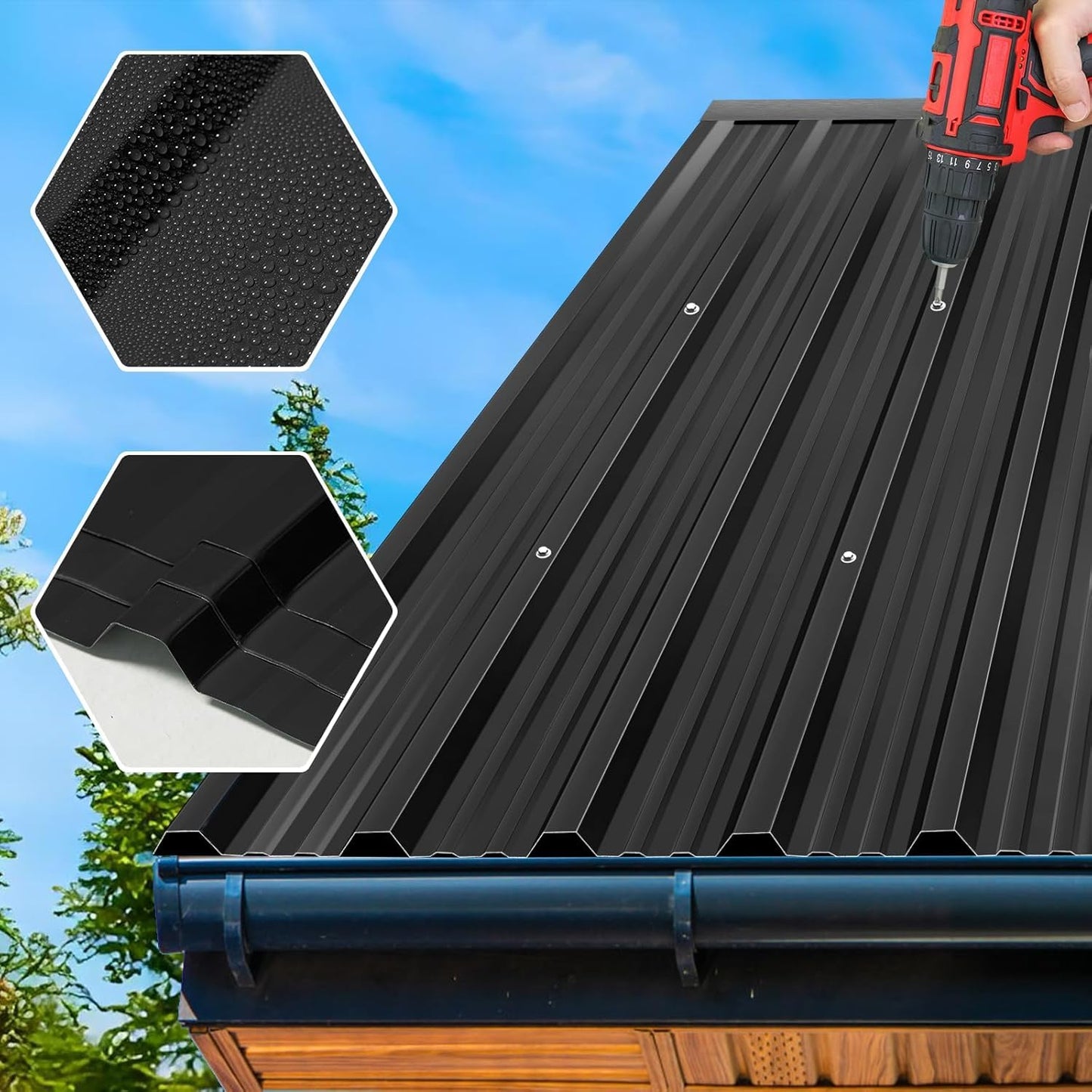 Metal Roof Panels 50.78X16.77 in 12 PCS Galvanized Steel Corrugated Tin Roofing Panels Gazebo Top Cover Garages,Black
