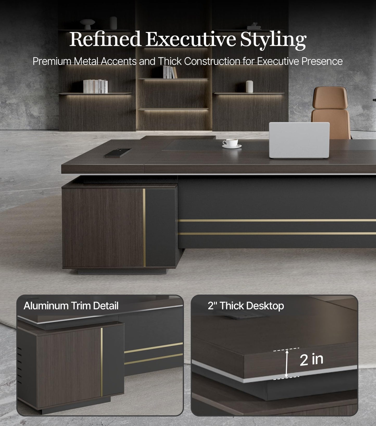 87" Reversible L-Shaped Executive Desk with Drawers, Modern Large Office Desk with Open Shelves, Ventilated CPU Compartment, Built-in Outlet & USB Ports – Home Office Desk (87"L x 69"W x 30"H)