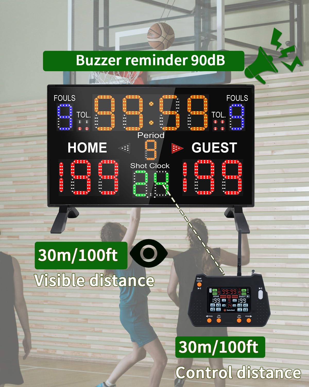 LUCKY TIME Basketball Scoreboard with Shot Clock, 12/14/24/30/25/60 Seconds, Upgraded Thickening Digital Scoreboard with Panel and Remote, Battery Powered Electronic Scoreboard for Indoor Outdoor