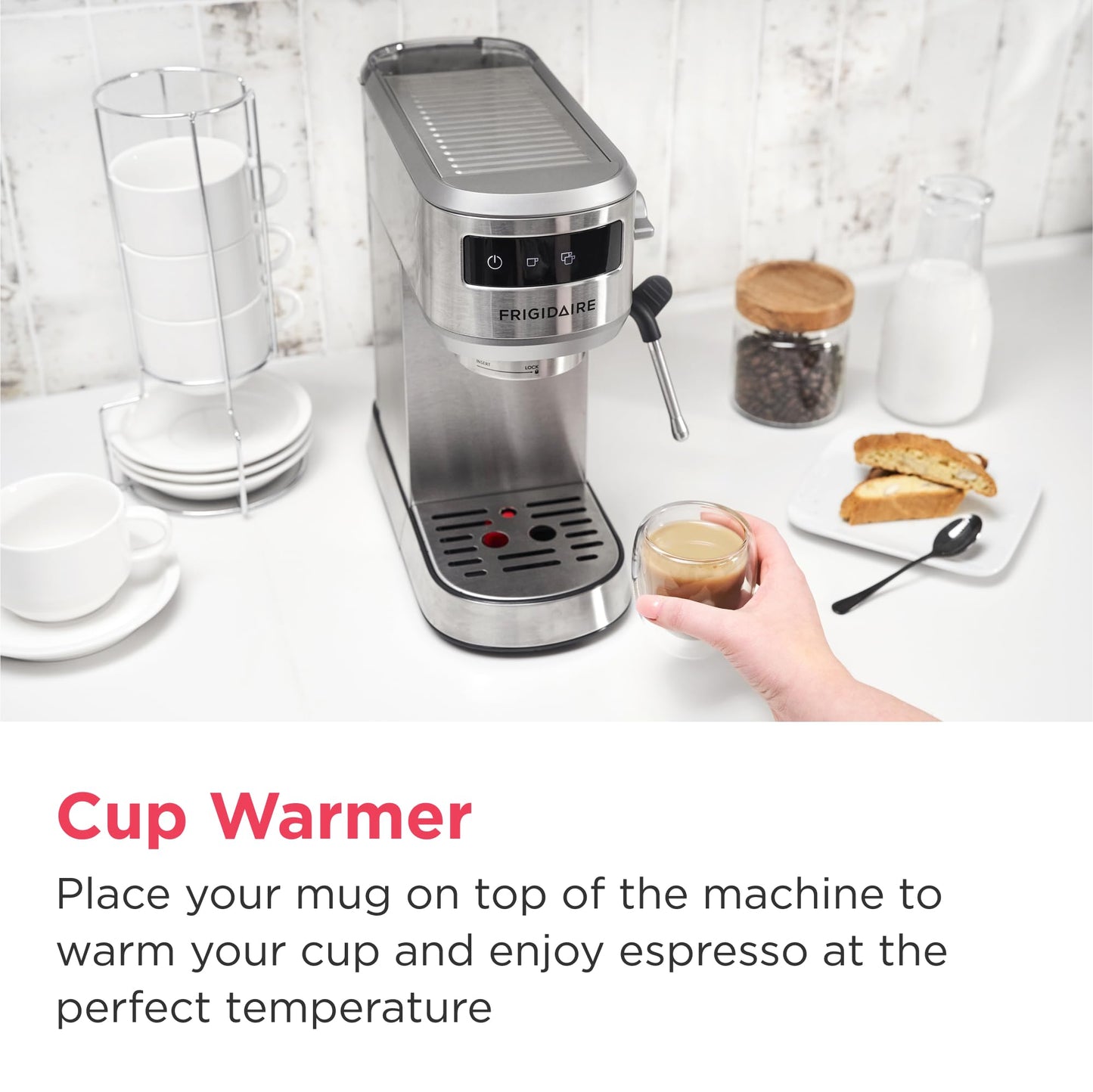 Frigidaire Steam Espresso Maker, Coffee Machine with Milk Frother & Cup Warmer, 20 Bar Pressure, 34 oz Removable Water Tank, Single or Double Shot, Stainless Steel