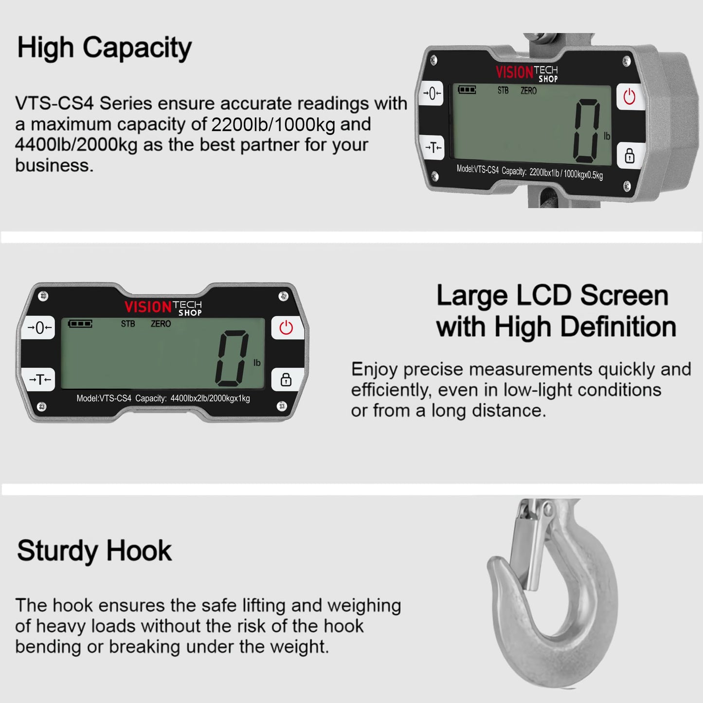 VisionTechShop Digital Crane Scale, VTS-CS4 2200lb/1000kg Heavy Duty Compact Hanging Industrial Scale with Remote Control, Large LCD Display, Backlight for Farm, Factory, Construction