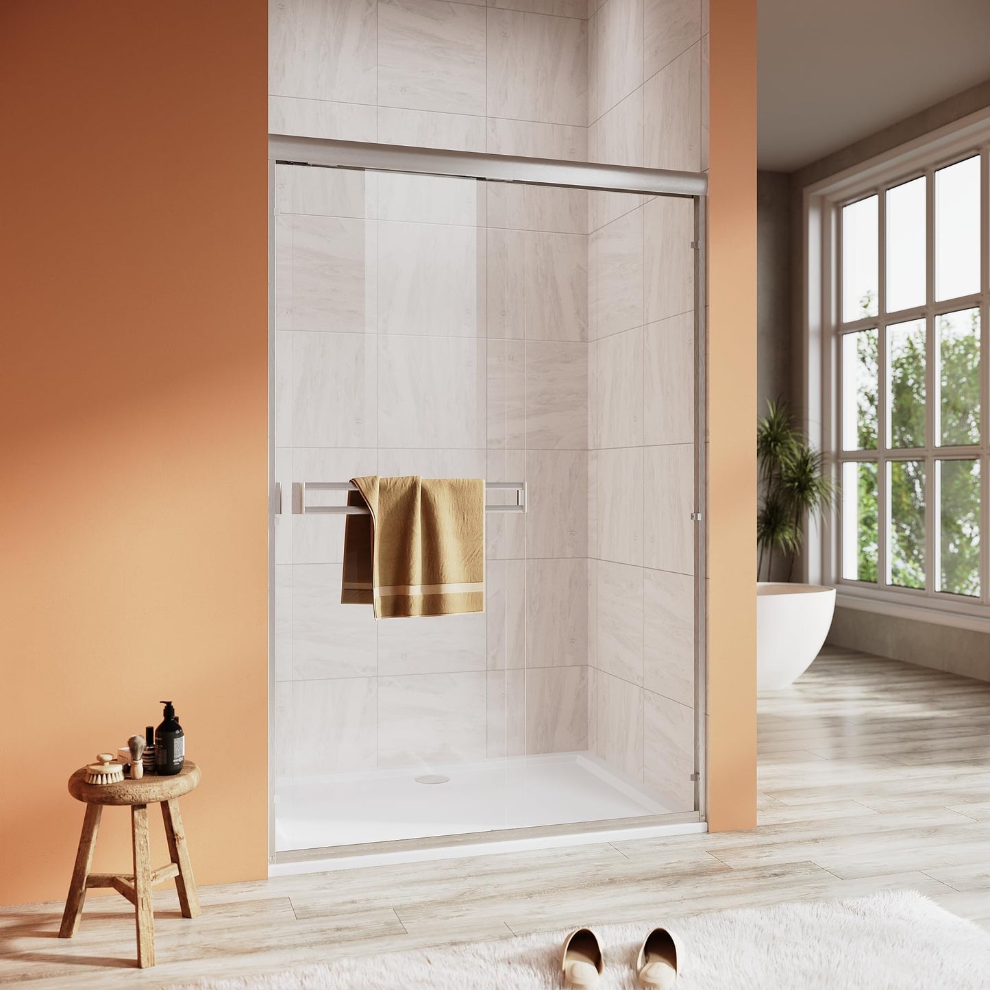 Double Sliding Shower Door 48 in. W x 72 in. H, UCALAFEE Semi-Frameless Shower Door with 1/4" (6mm) SGCC Clear Tempered Glass, Silent Soft-Close & Anti-Leak Walk-in Shower Door, Brushed Nickel