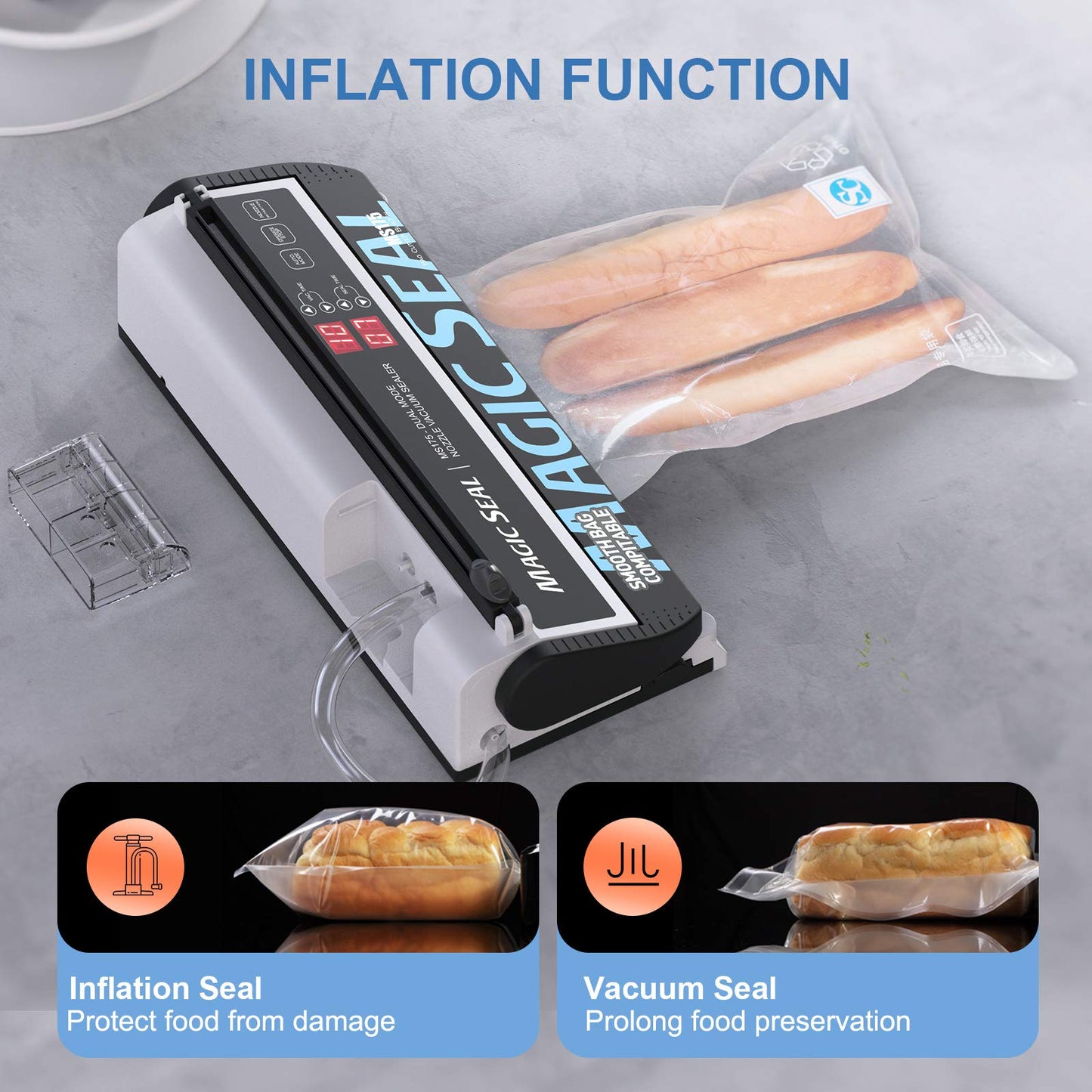 MAGIC SEAL Nozzle Vacuum Sealer Machine for Mylar bags & Smooth Flat Bags - 220W Food Sealer with Adjustable Air & Seal Settings, Auto/Manual Modes (Not for Textured) -MS175