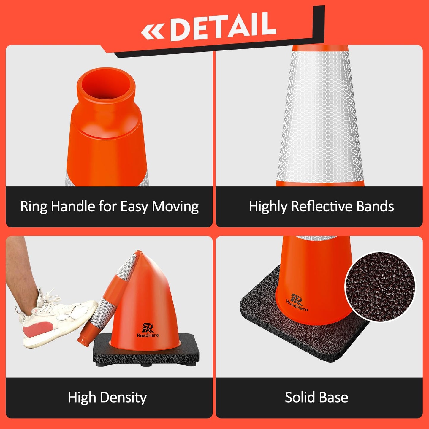 RoadHero 8 Pack Traffic Safety Cones 28 Inch with Black Weighted Base, Orange Cones with Reflective Collars for Parking Lot, Road Safety, Construction Events