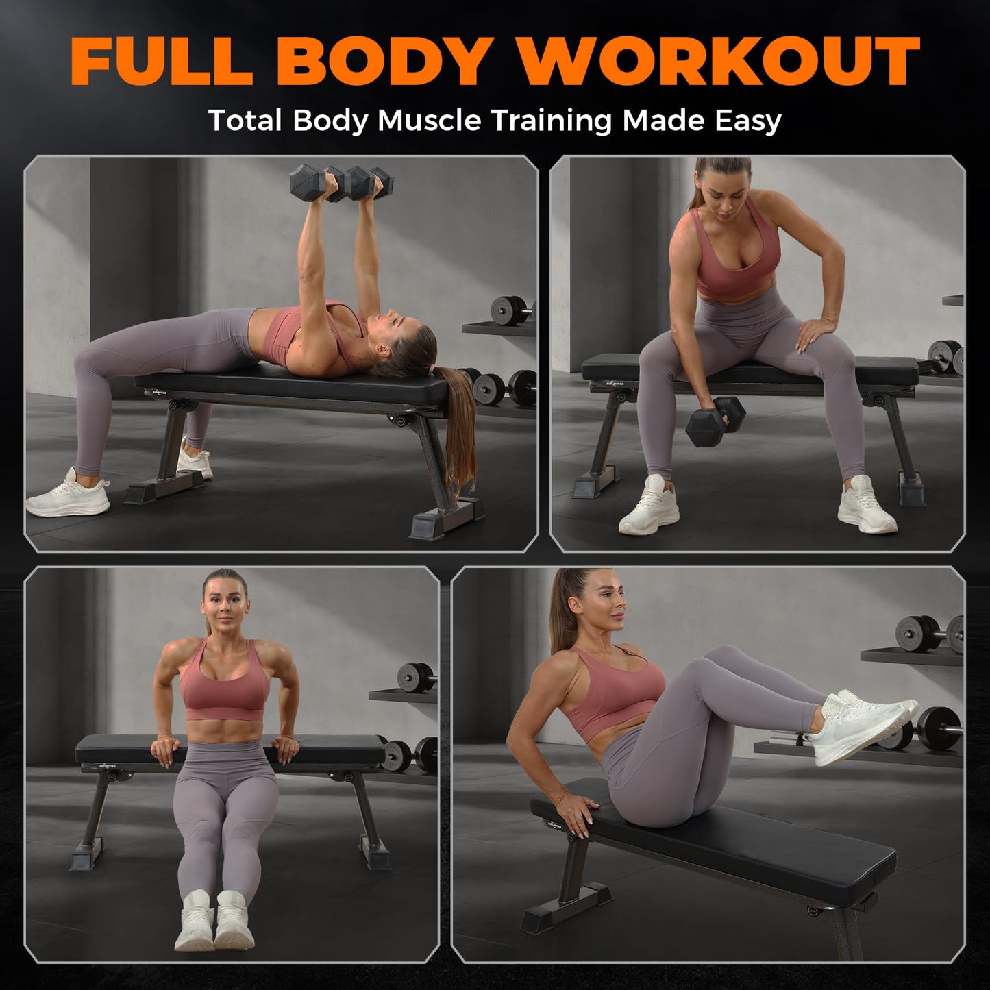 BODY RHYTHM Semi-Commercial Foldable Flat Bench for Multi-Purpose Weight Training and Ab Workout, Flat Weight Workout Exercise Bench with 1000lb Weight Capacity for Strength Training Bench Press, Suitable for Home and Gym.
