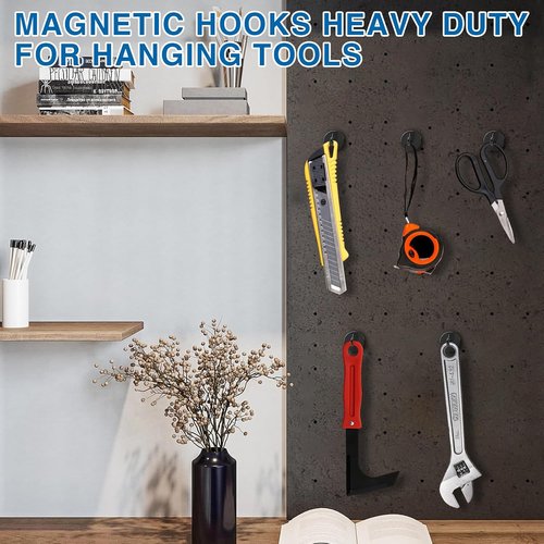 LOVIMAG Magnetic Hooks - Heavy Duty 50lbs+ Strength | 12 Pack Black Magnets for Home & Travel