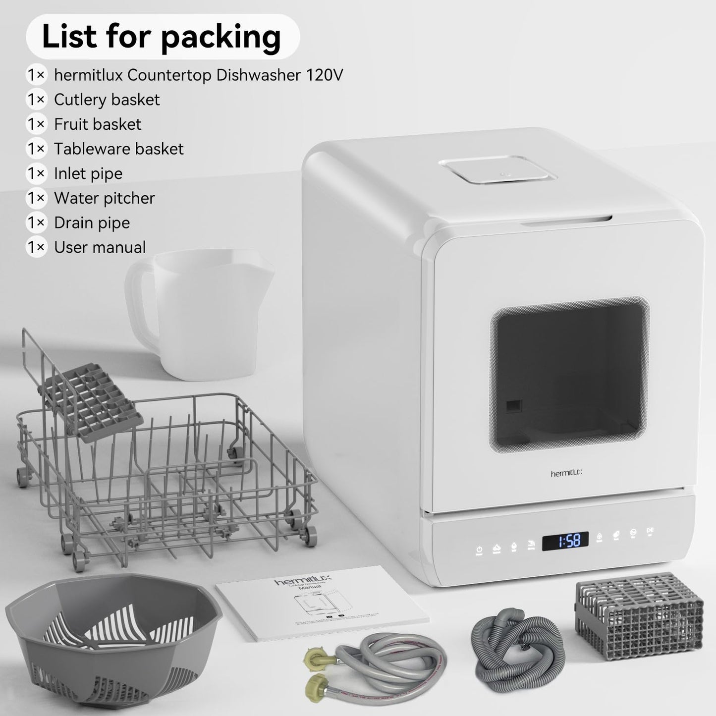 Hermitlux Countertop Dishwasher, 6 Wash Programs Slim Size Portable Dishwasher