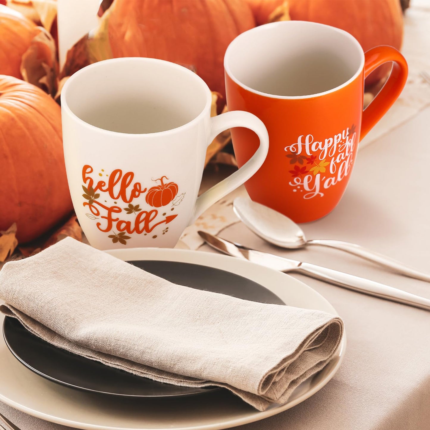 Funtery 4 Pcs Thanksgiving Coffee Mugs Fall Mugs Autumn Pumpkins Cups Happy Fall Y'all Coffee Mug Good Morning Pumpkin Cup Camp Mug Campfire Mug Ceramic Cup for Home Women Men Mom Dad (Orange,White)