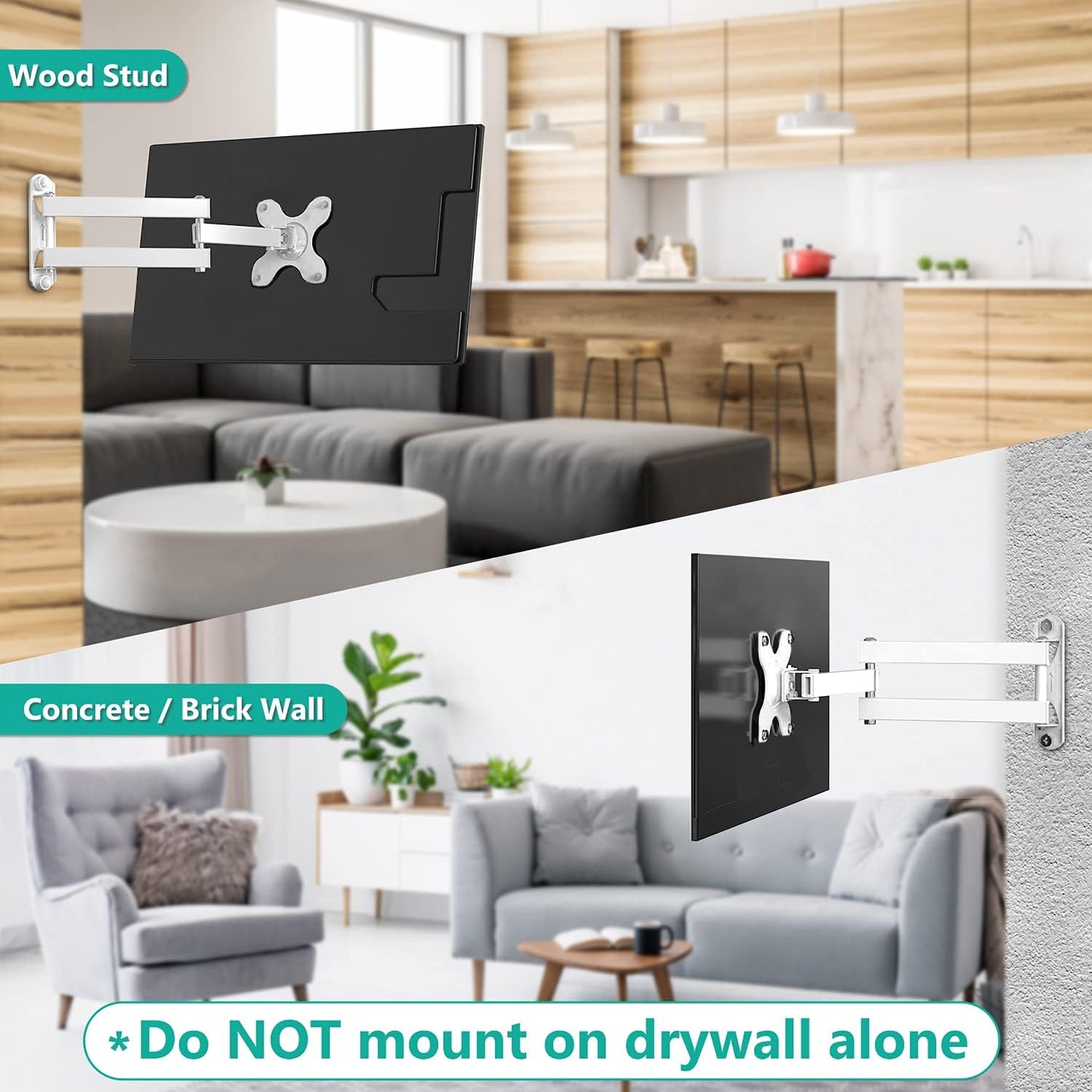 WALI 15 inch 13 32 inch 100x100mm (1330LM-W), TV Wall Mount Articulating LCD Monitor Full Motion Extension Arm Tilt