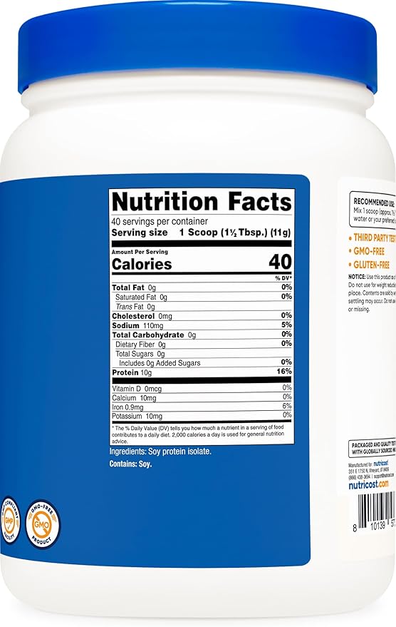 Nutricost Soy Protein Isolate Powder, 1 LB Unflavored - 10 Grams of Protein Per Serving, Vegan, GMO-Free & Gluten Free