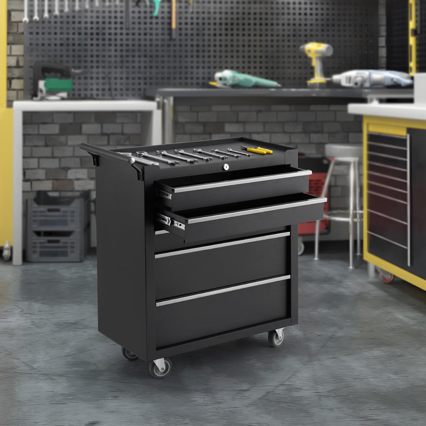 GarveeLife 5-Drawer Tool Box 24" Garage Tool Box with Key Lock and Removable Drawer Liners, Wheeled Design, Suitable for Garages, Warehouses, Workshops, and Repair Shops - Black